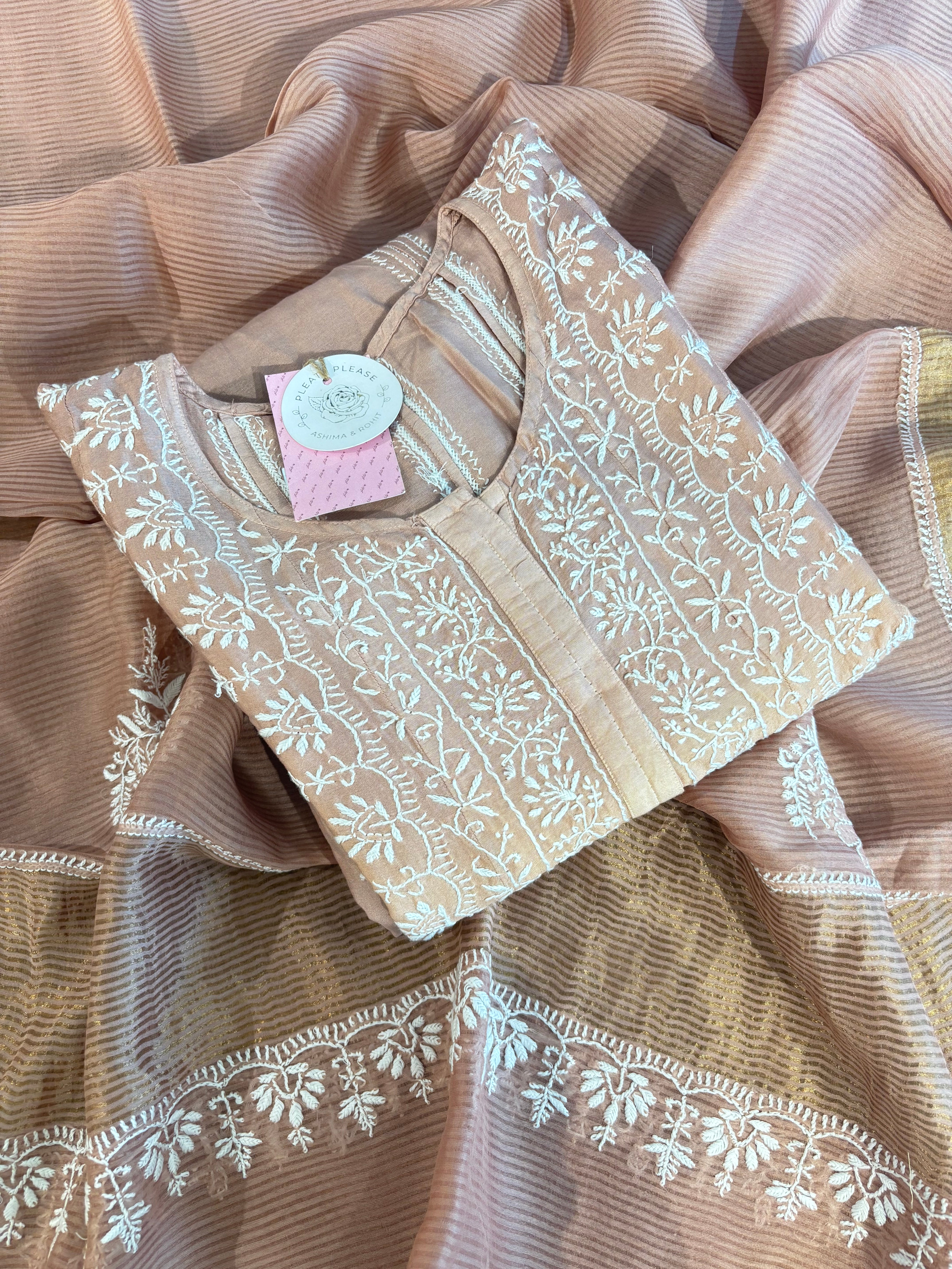 Dusty Peach Chanderi Chikankari Anarkali & Dupatta Set