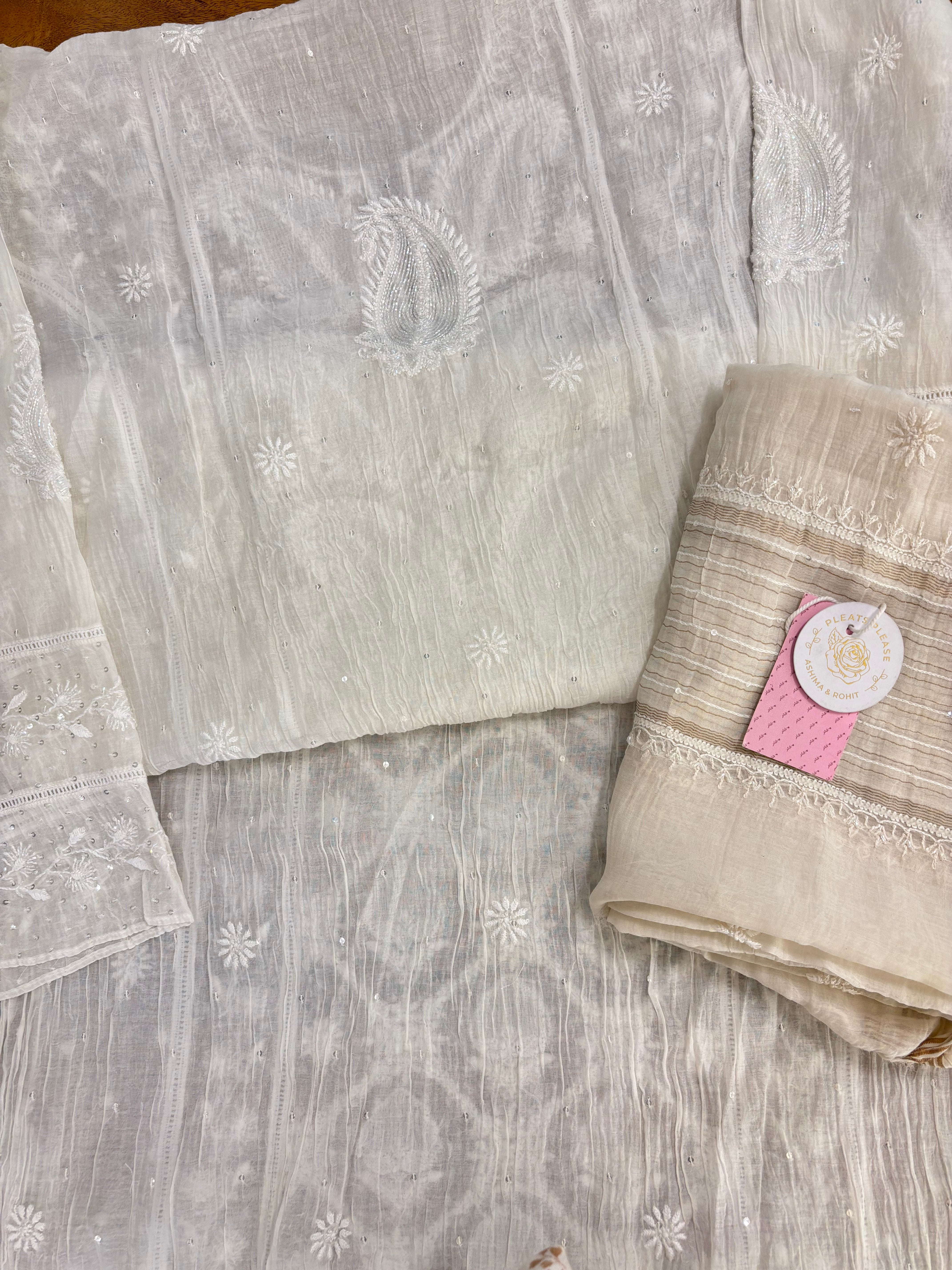 Dyeable Chnderi Mul Chikankari Kurta & Dupatta