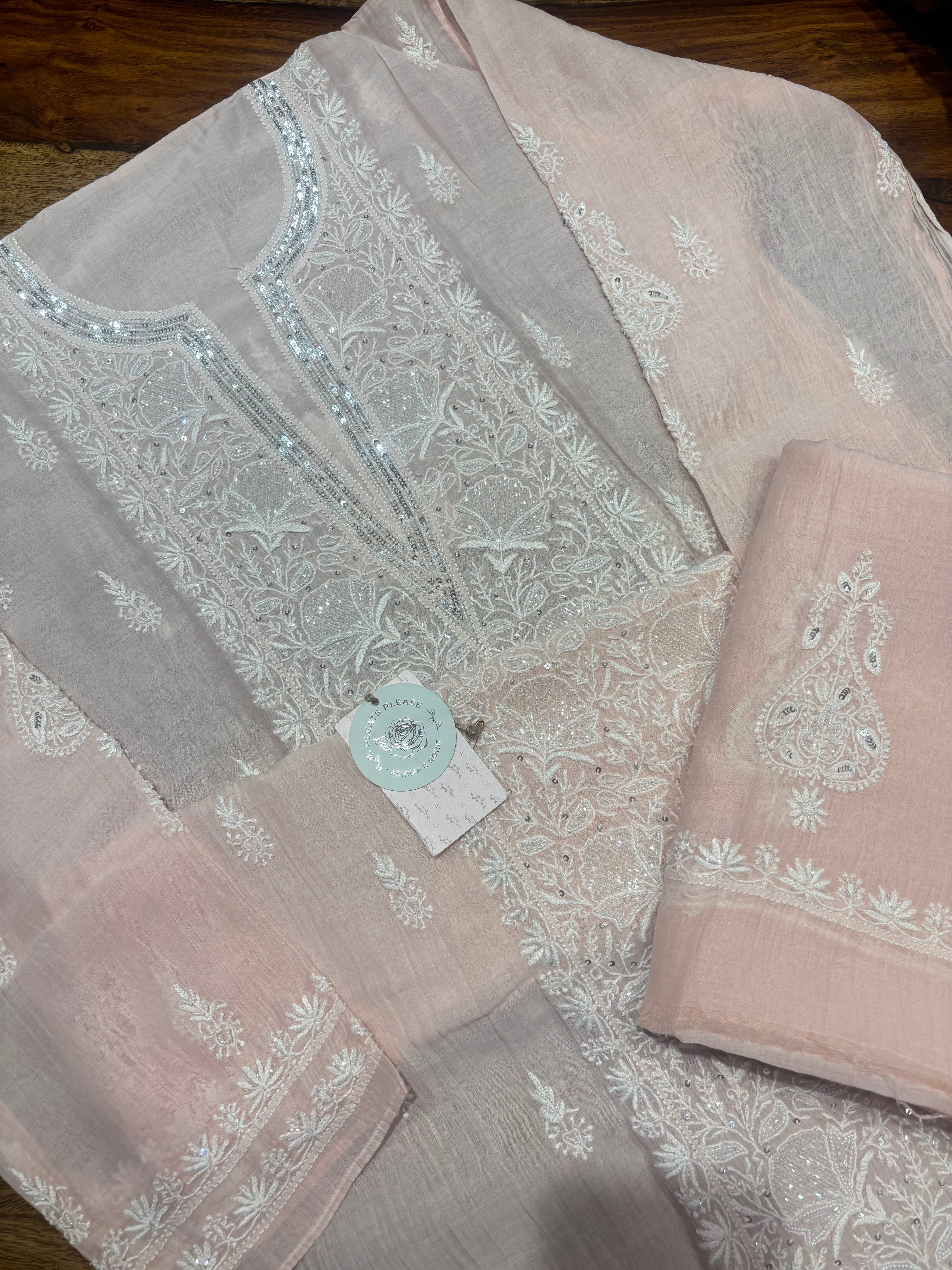 Peach Chanderi Mul Chikankari Kurta & Dupatta Set
