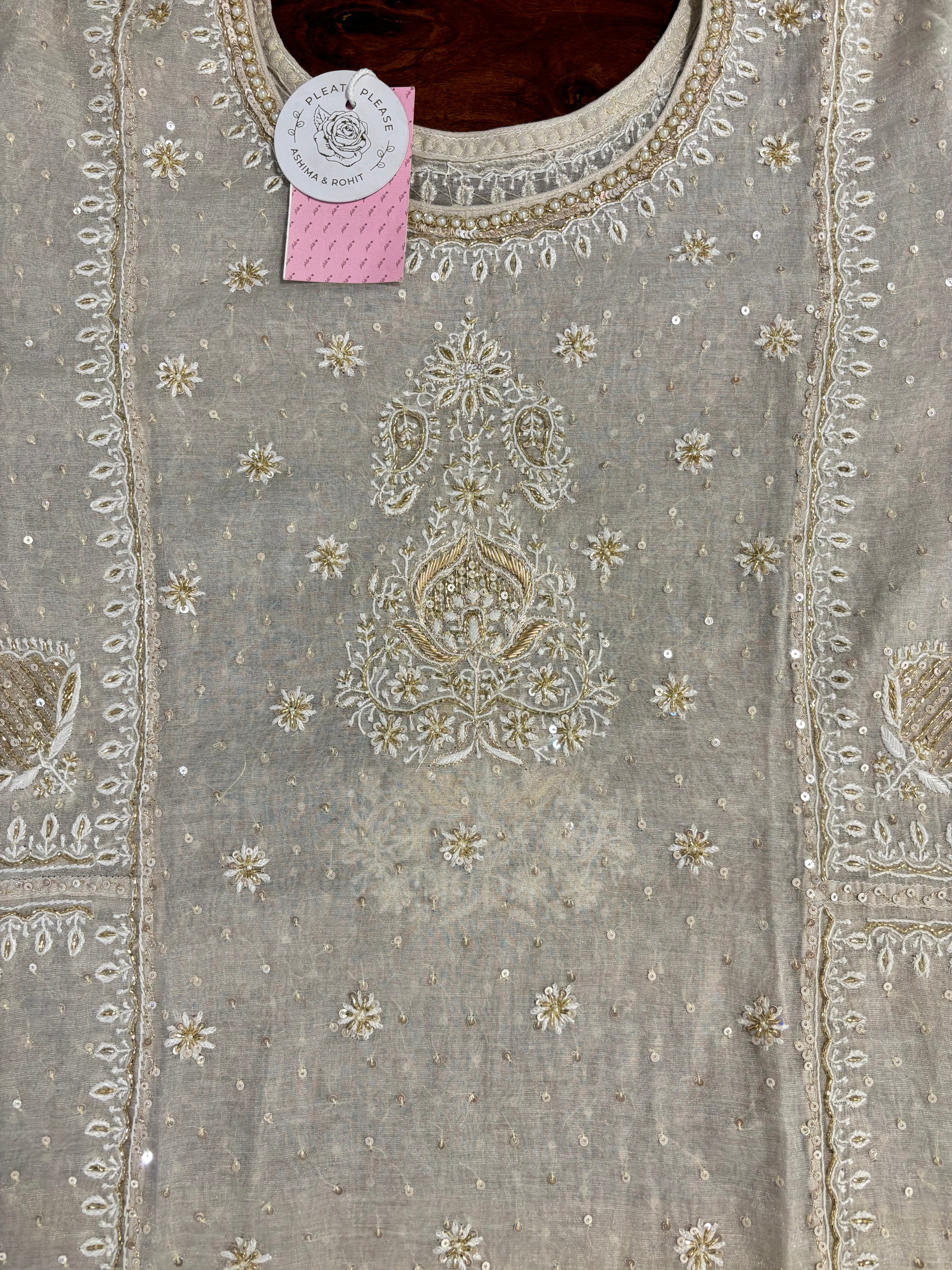 Dyeable Pure Silver Tissue Chikankari Kurta & Dupatta