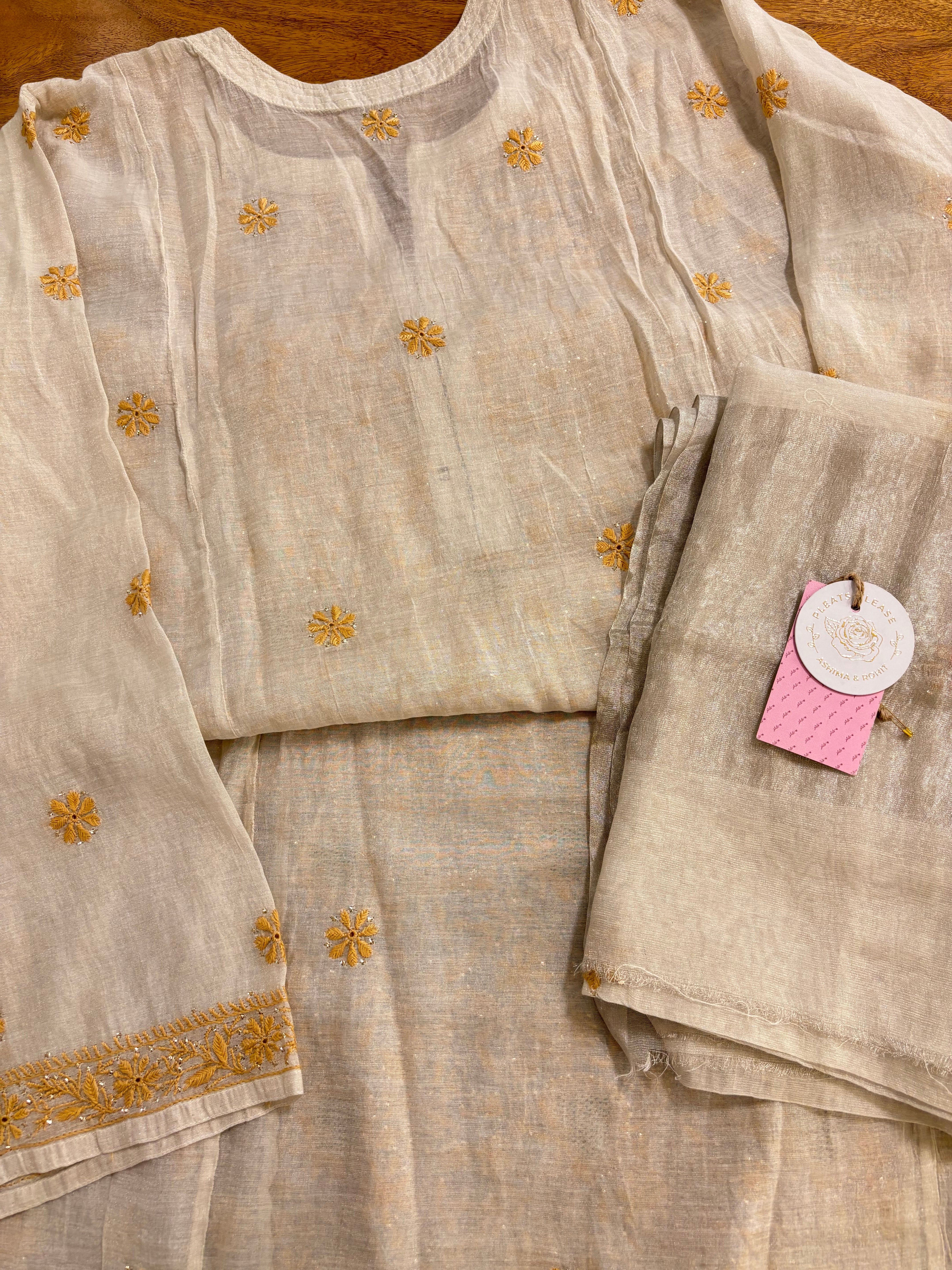 Dyeable Silver Tissue Chikankari Mukaish Kurta & Dupatta