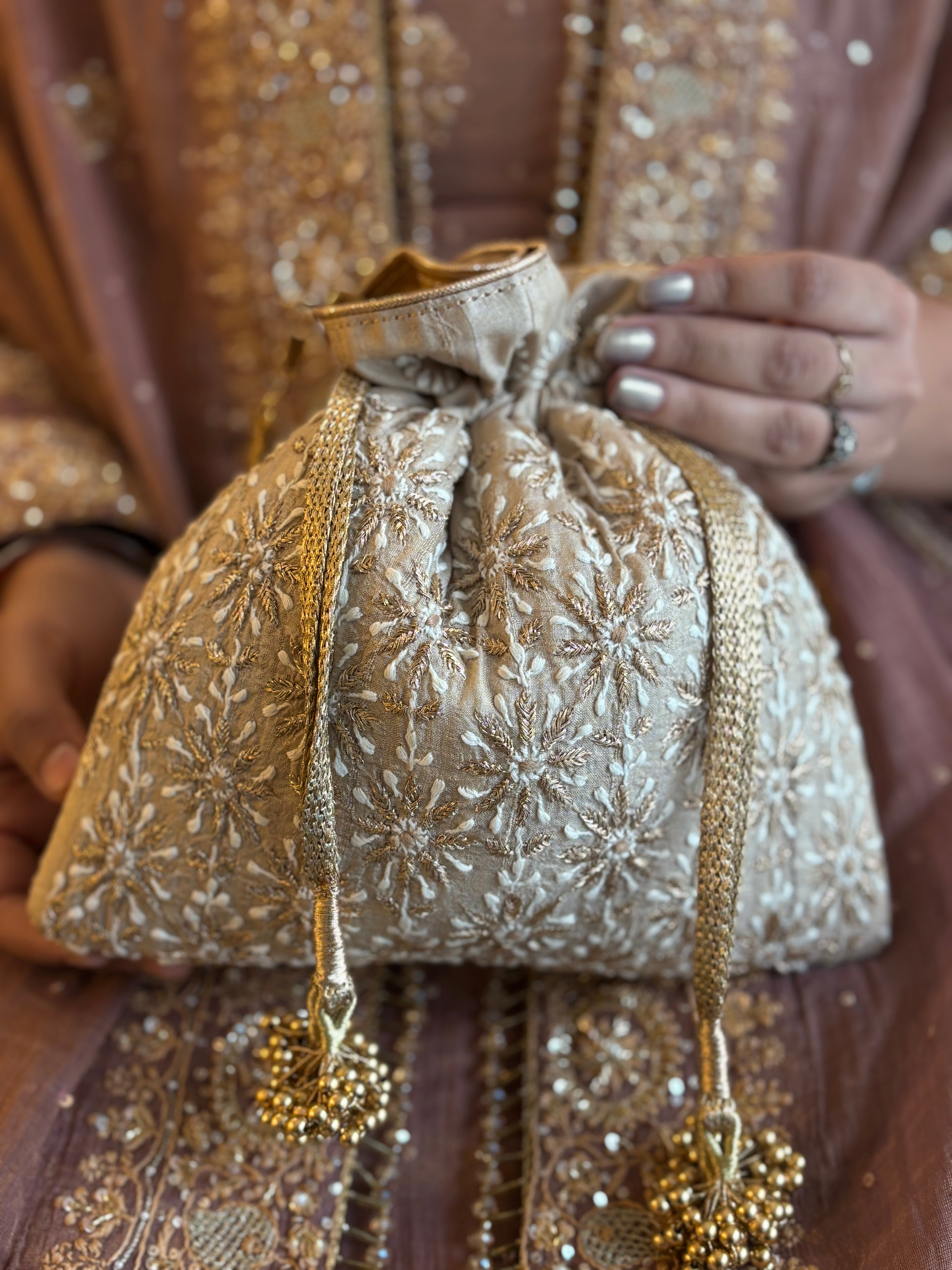 Beige Chikankari Potli