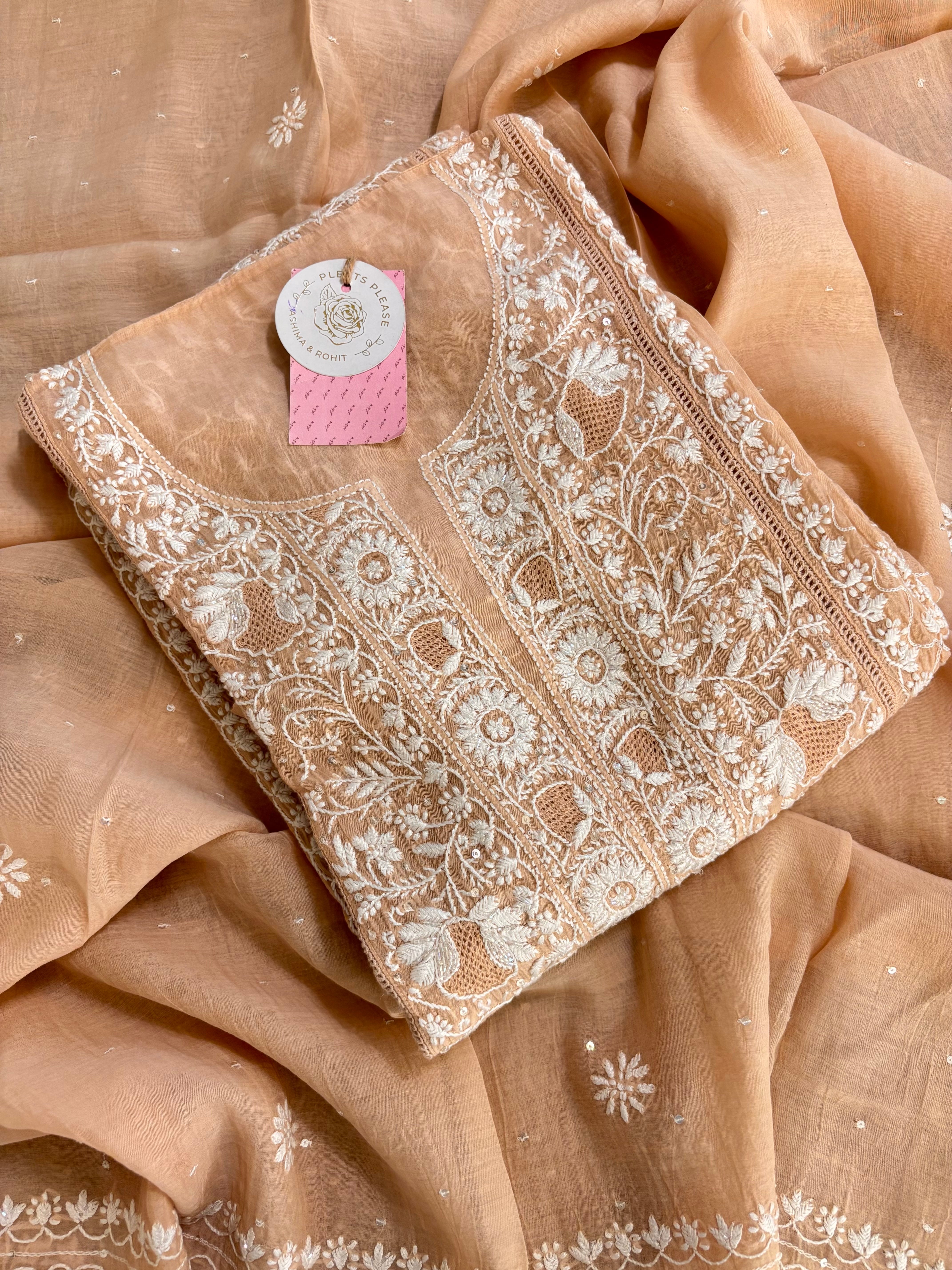 Peach Chanderi Chikankari Kurta & Dupatta