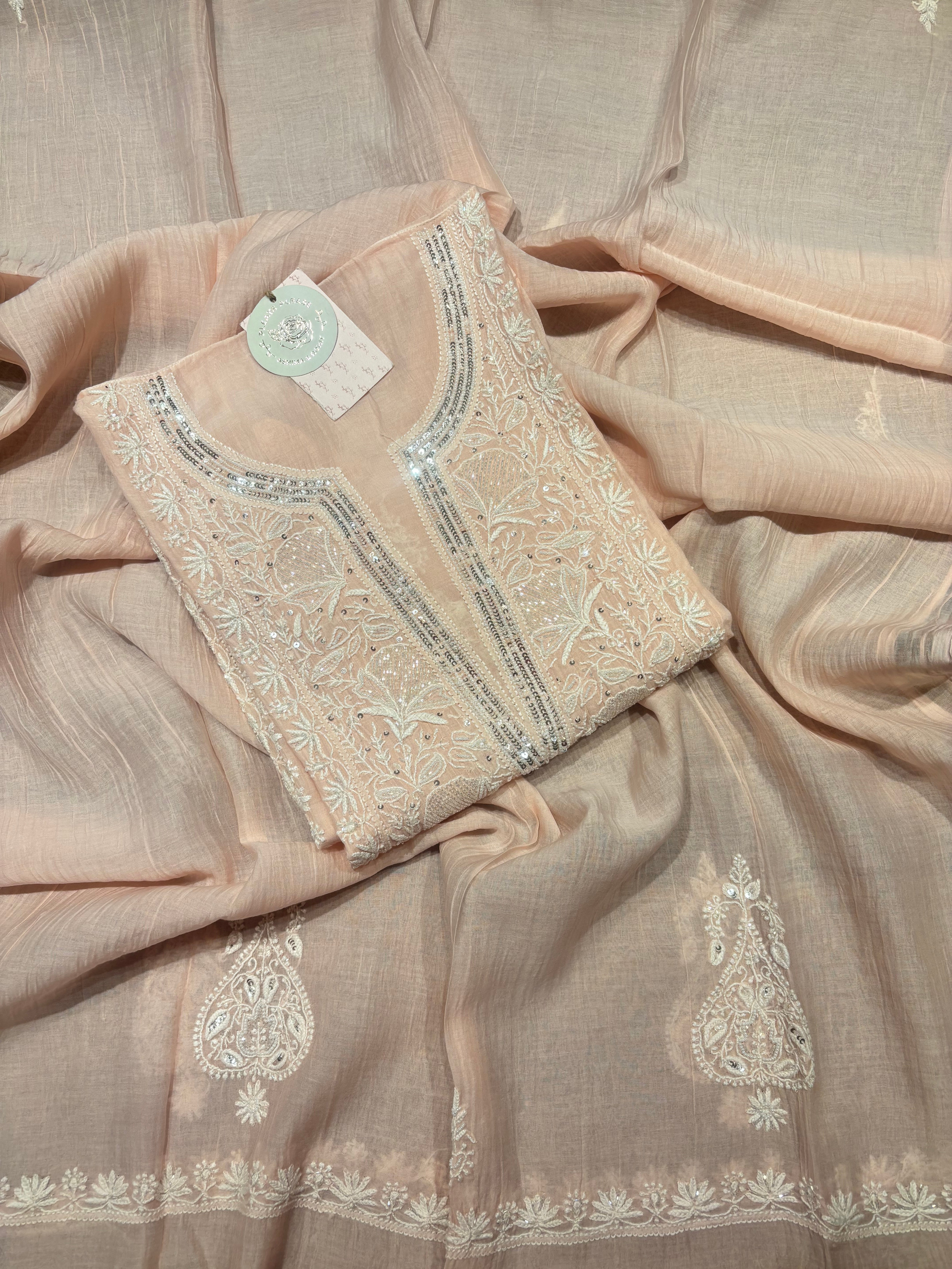 Peach Chanderi Mul Chikankari Kurta & Dupatta Set