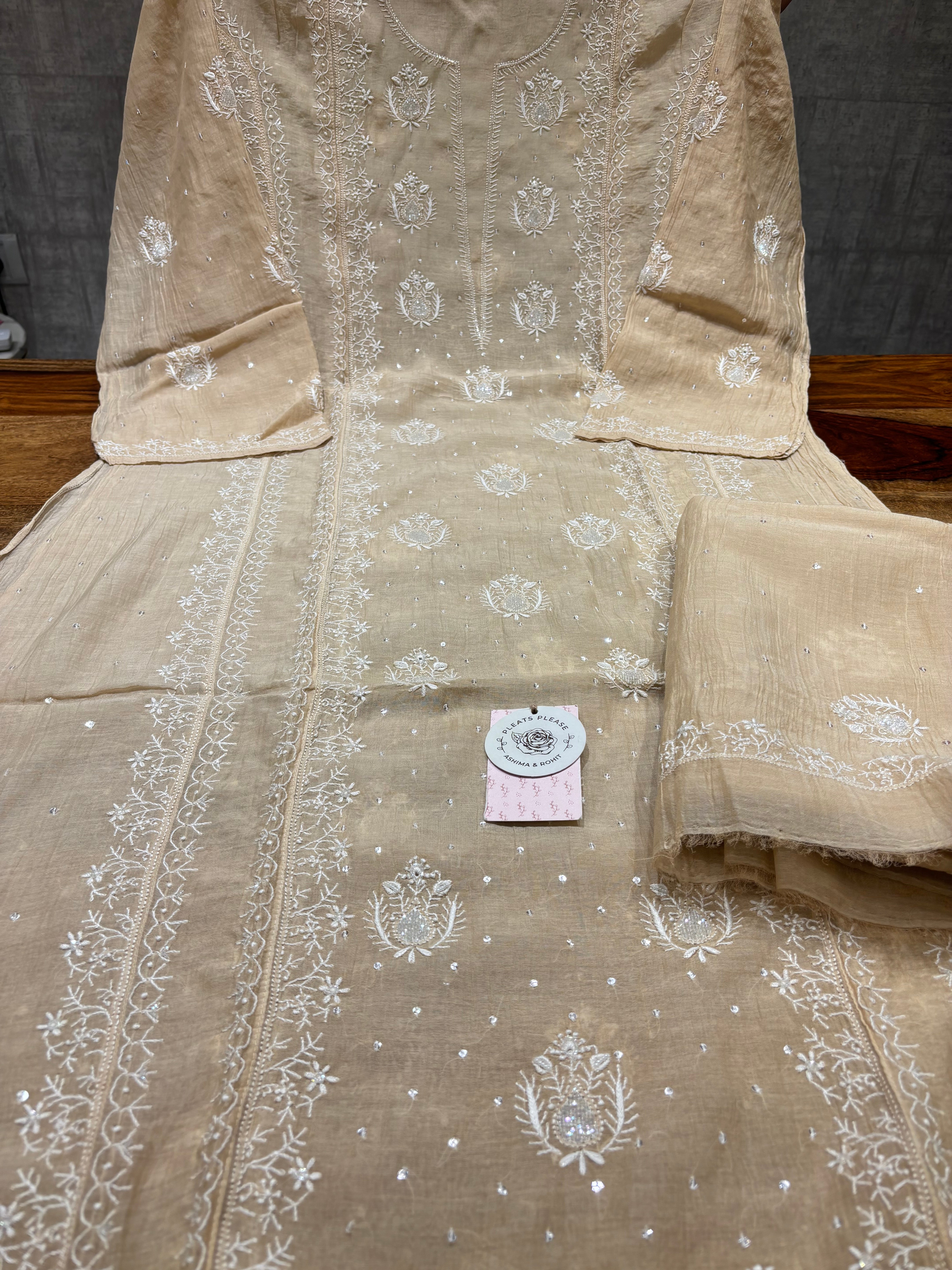 Coffee cream Chanderi Mul Chikankari kurta and Dupatta set