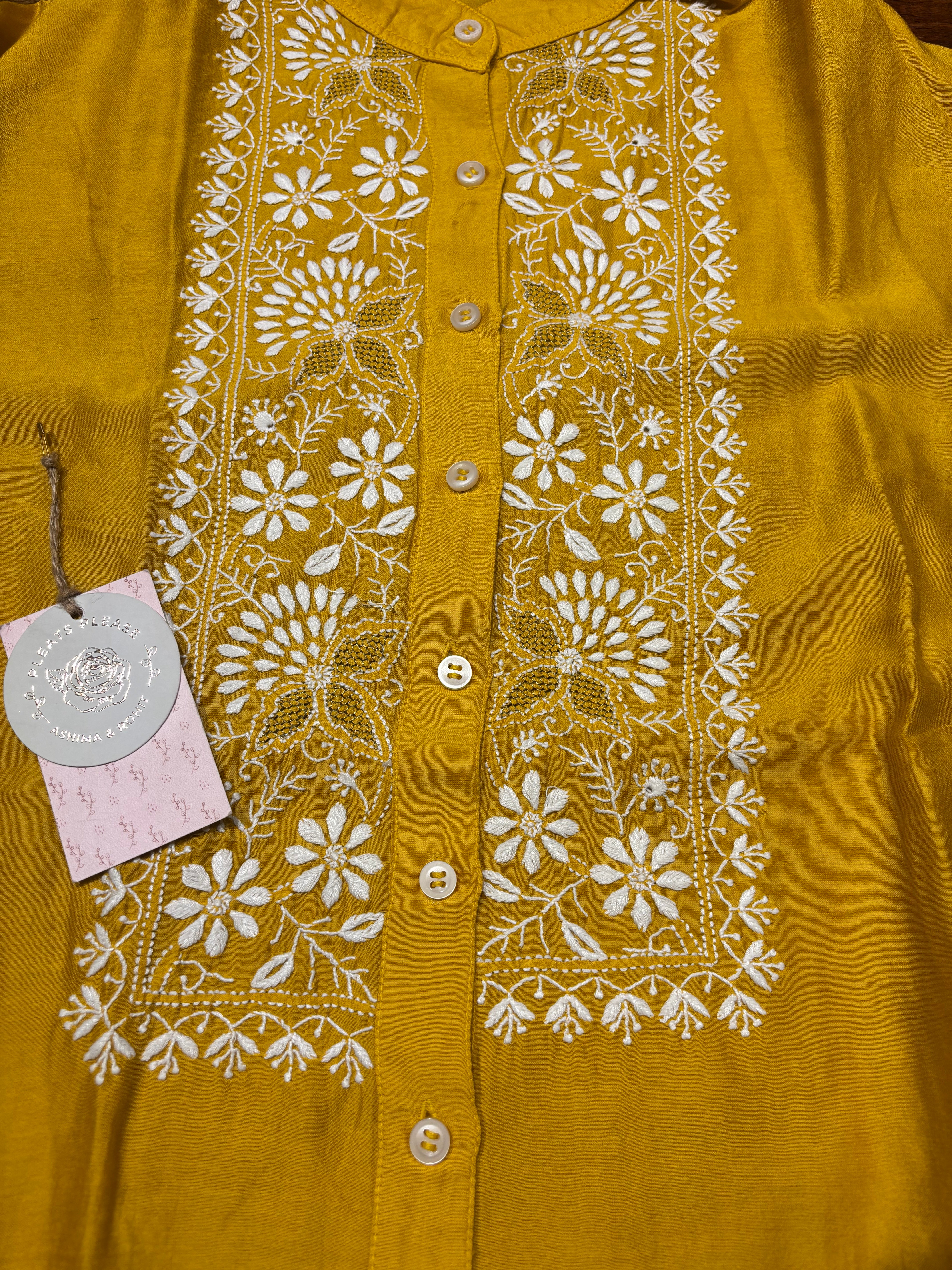 Mustard Chanderi Silk Chikankari Shirt