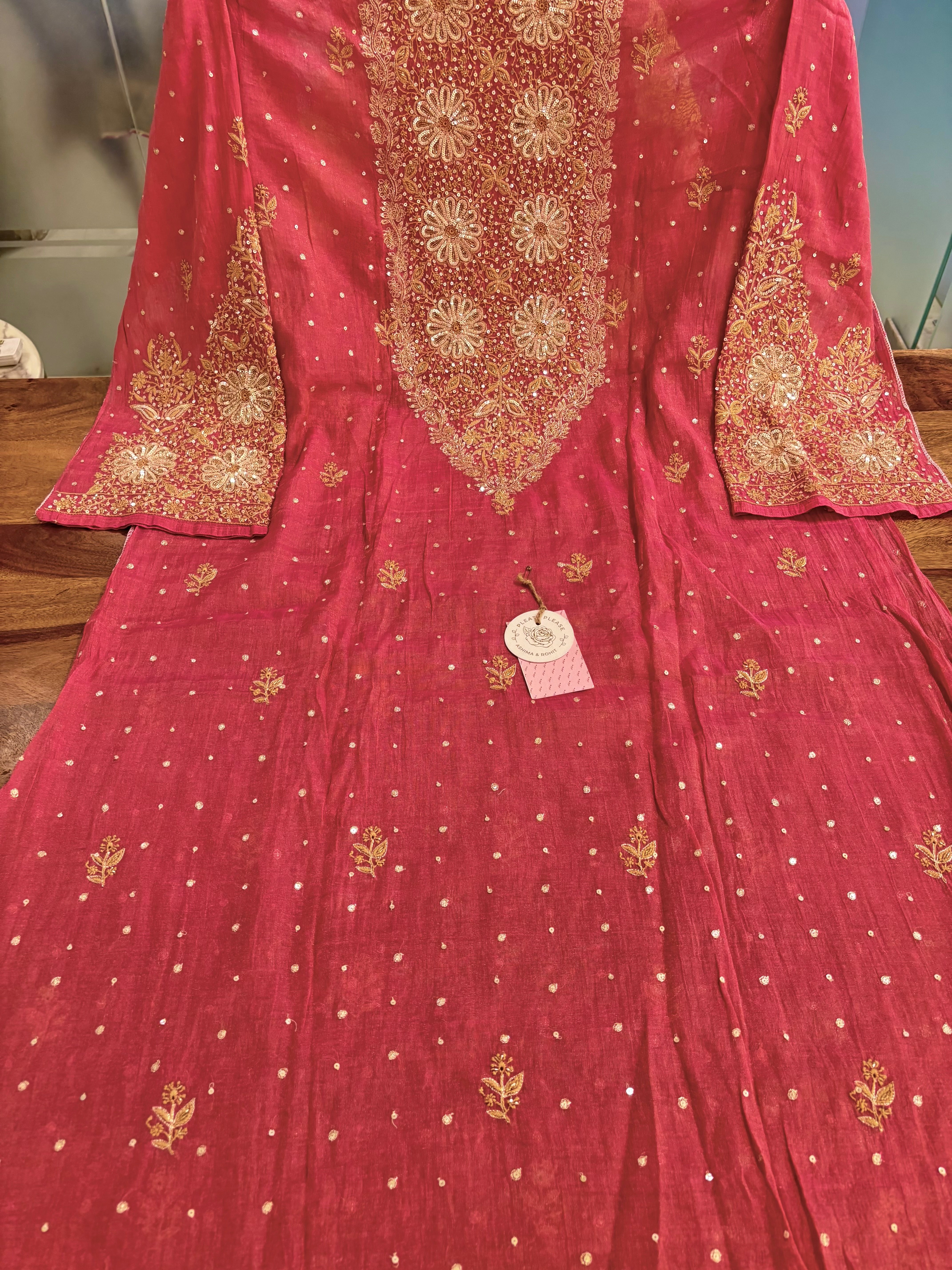 Rose Pink Pure & Premium Tissue Chikankari Kurta & Dupatta