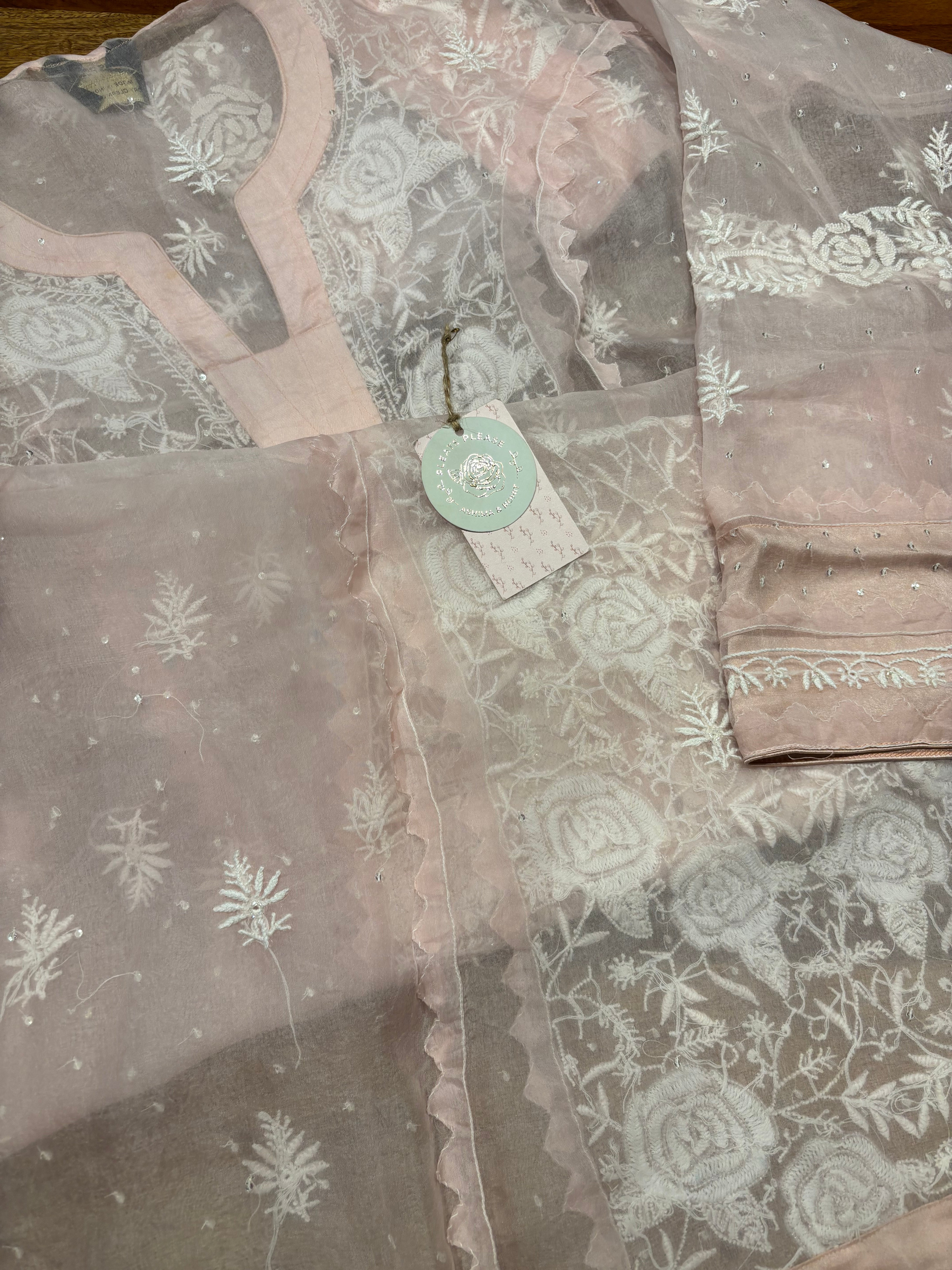 Soft Pink Pure & Premium Organza Chikankari Kurta & Dupatta Set