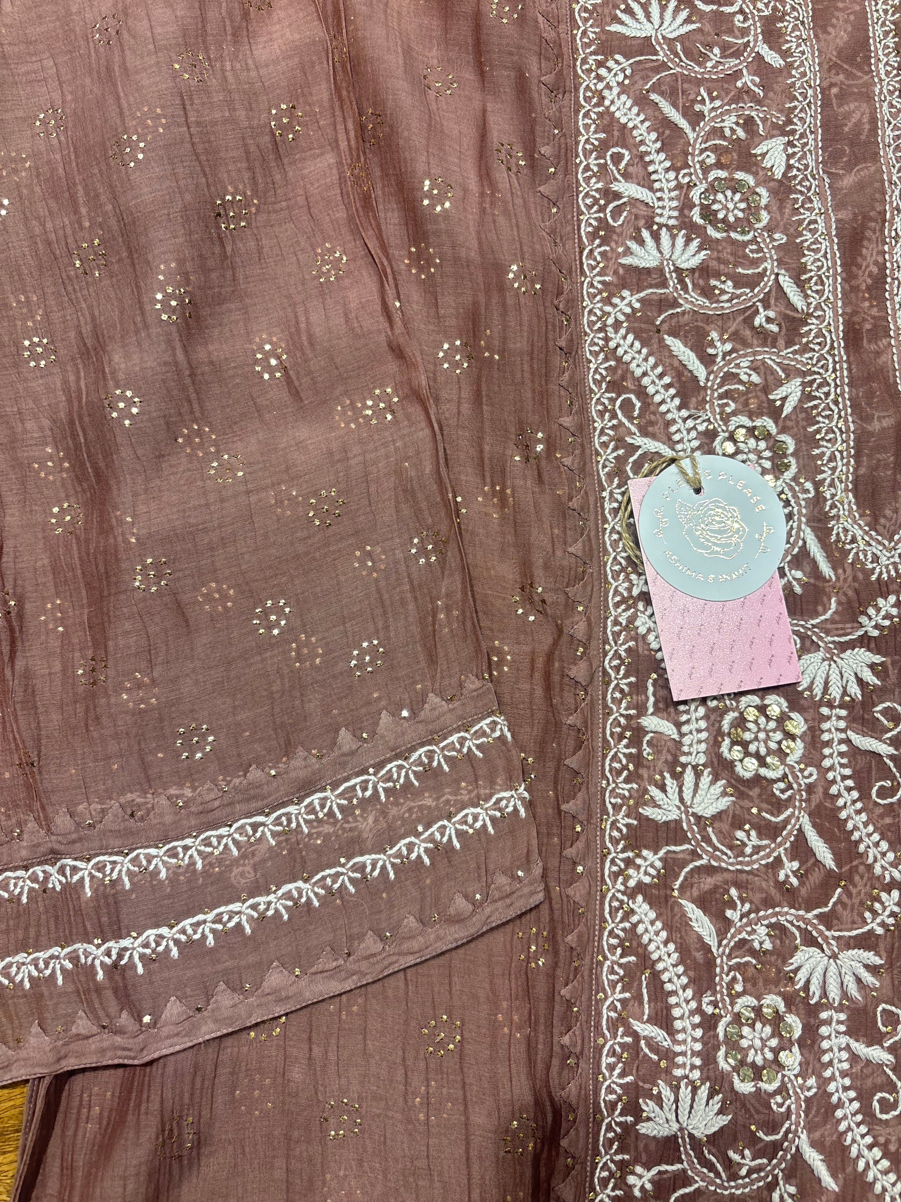 Rosewood Chanderi Mul Chikankari Kurta & Dupatta Set