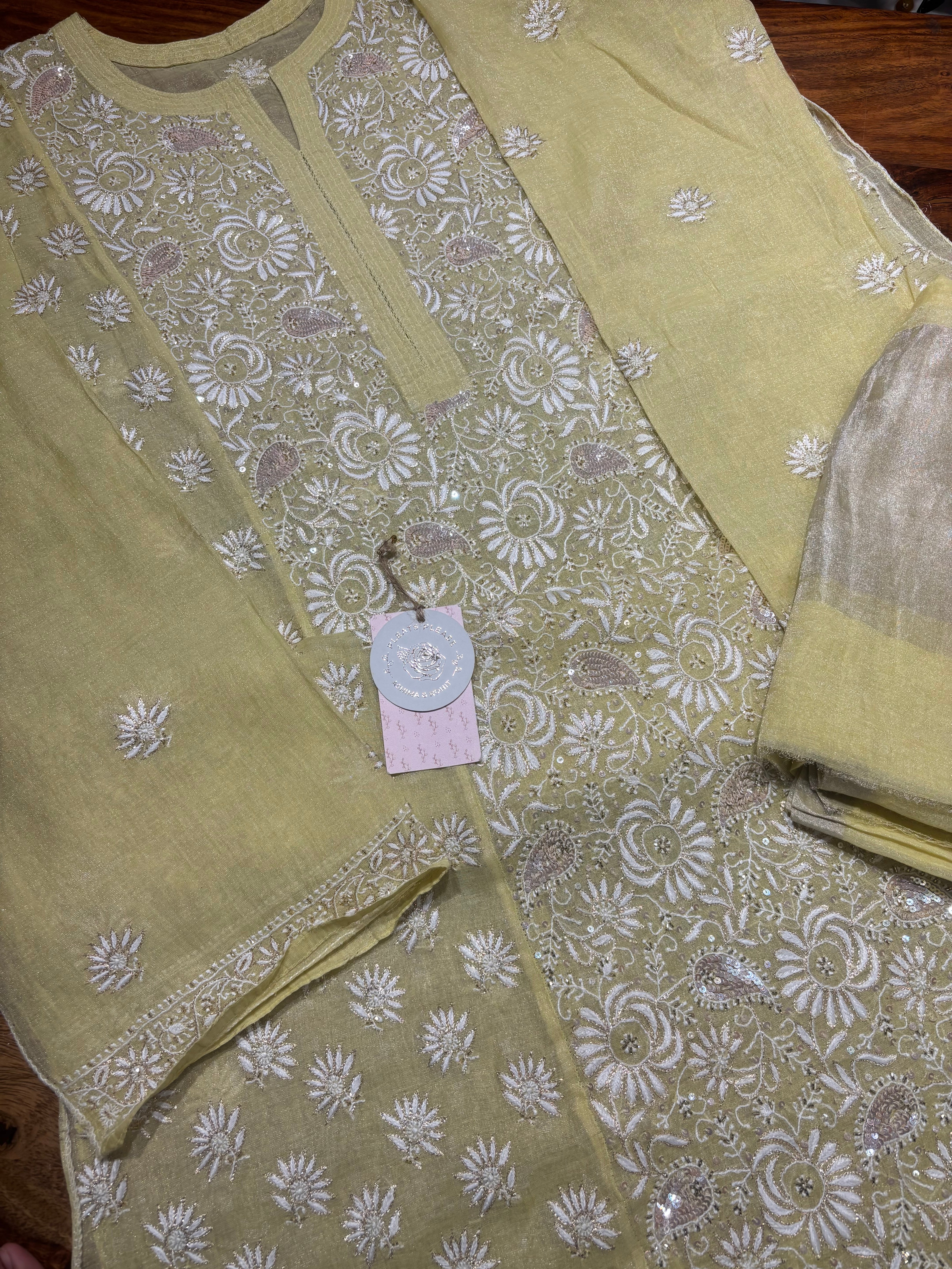 Yellow Pure & Premium Tissue Chikankari Kurta & Dupatta Set
