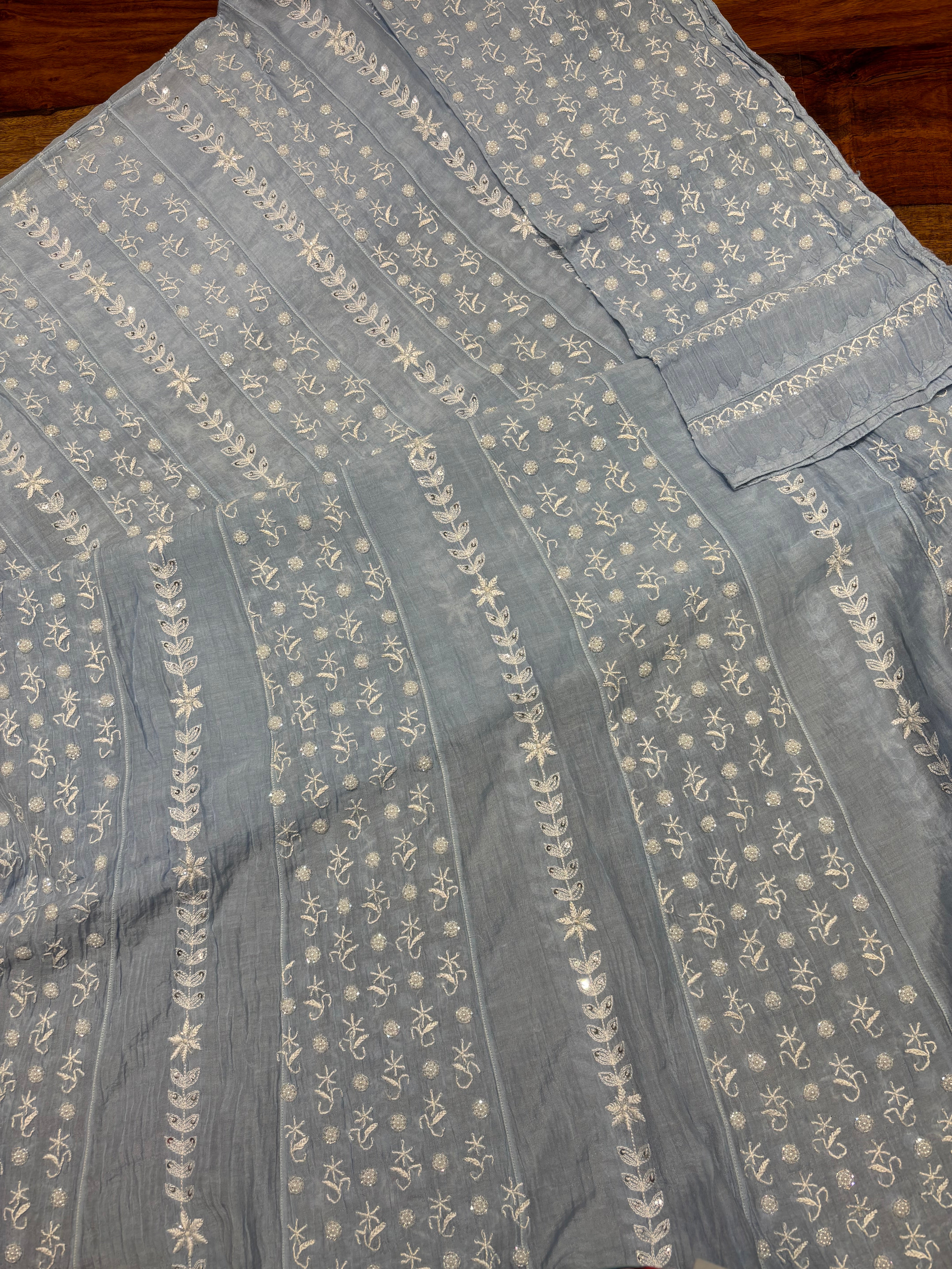 Powder Blue Chanderi Mul Chikankari  Anarkali & Dupatta Set