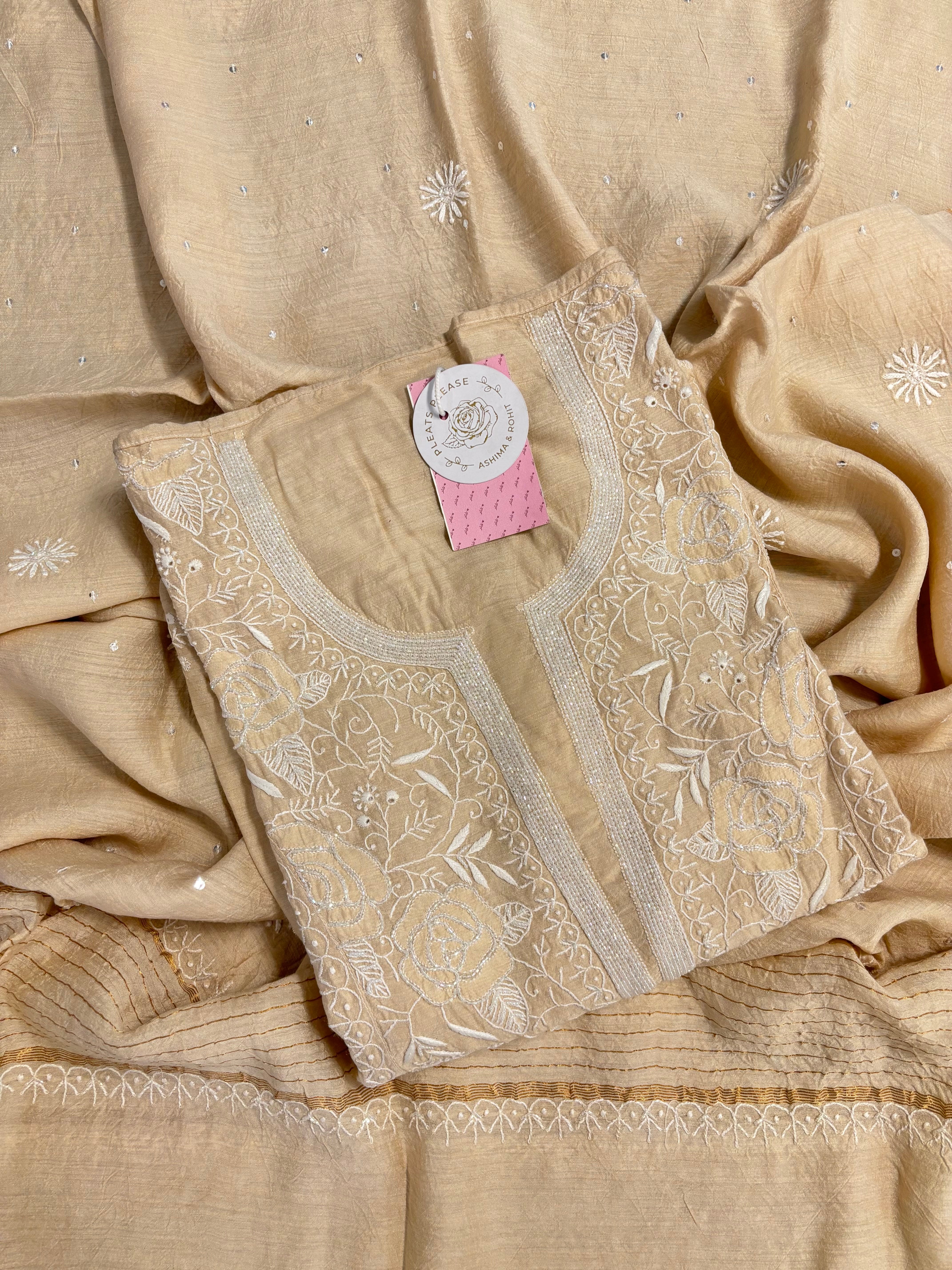 Dyeable Monga Silk Chikankari Kurta & Dupatta
