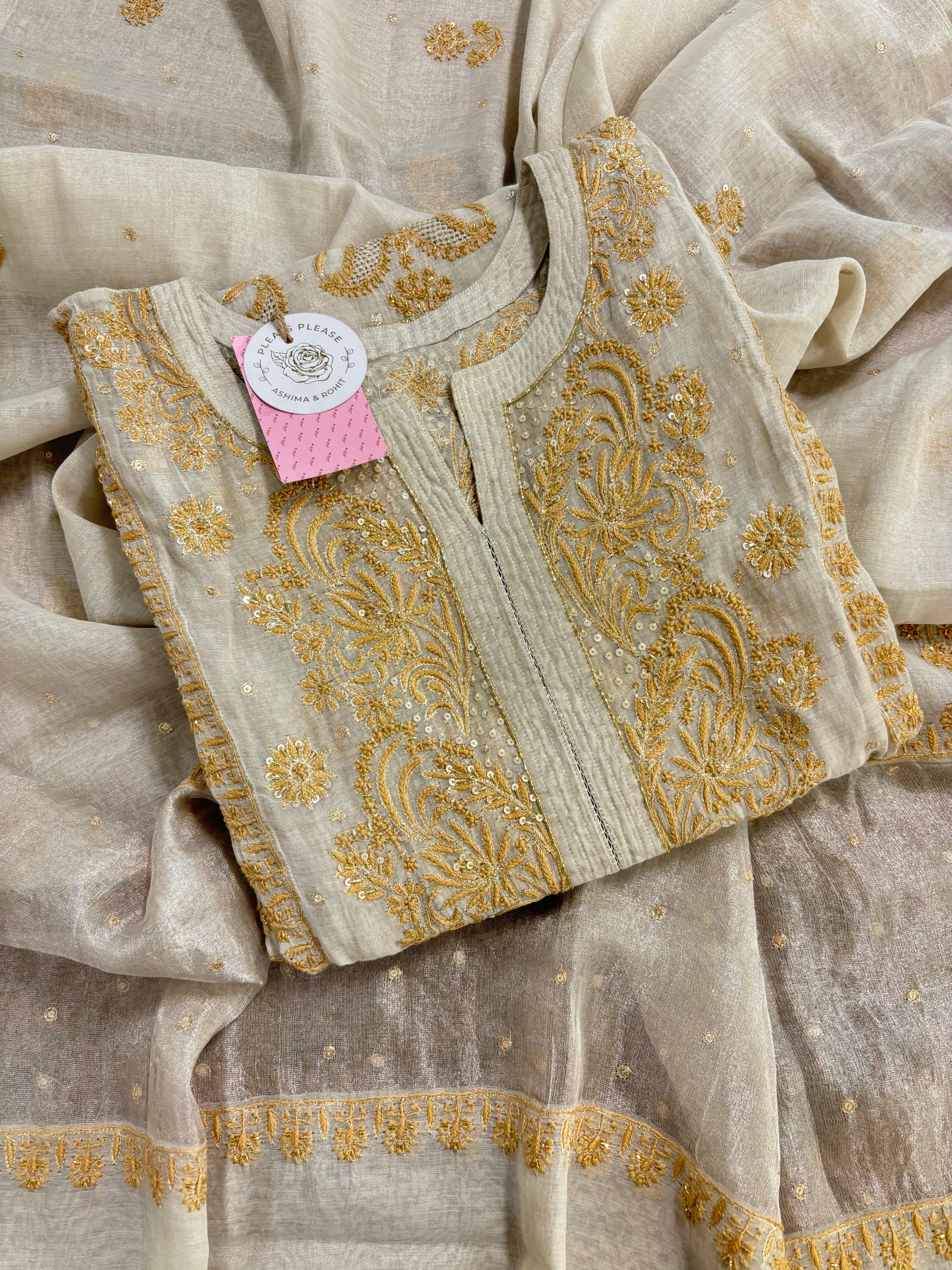 Dyeable Ivory Silver Pure & Premium Tissue Chikankari Kurta & Dupatta