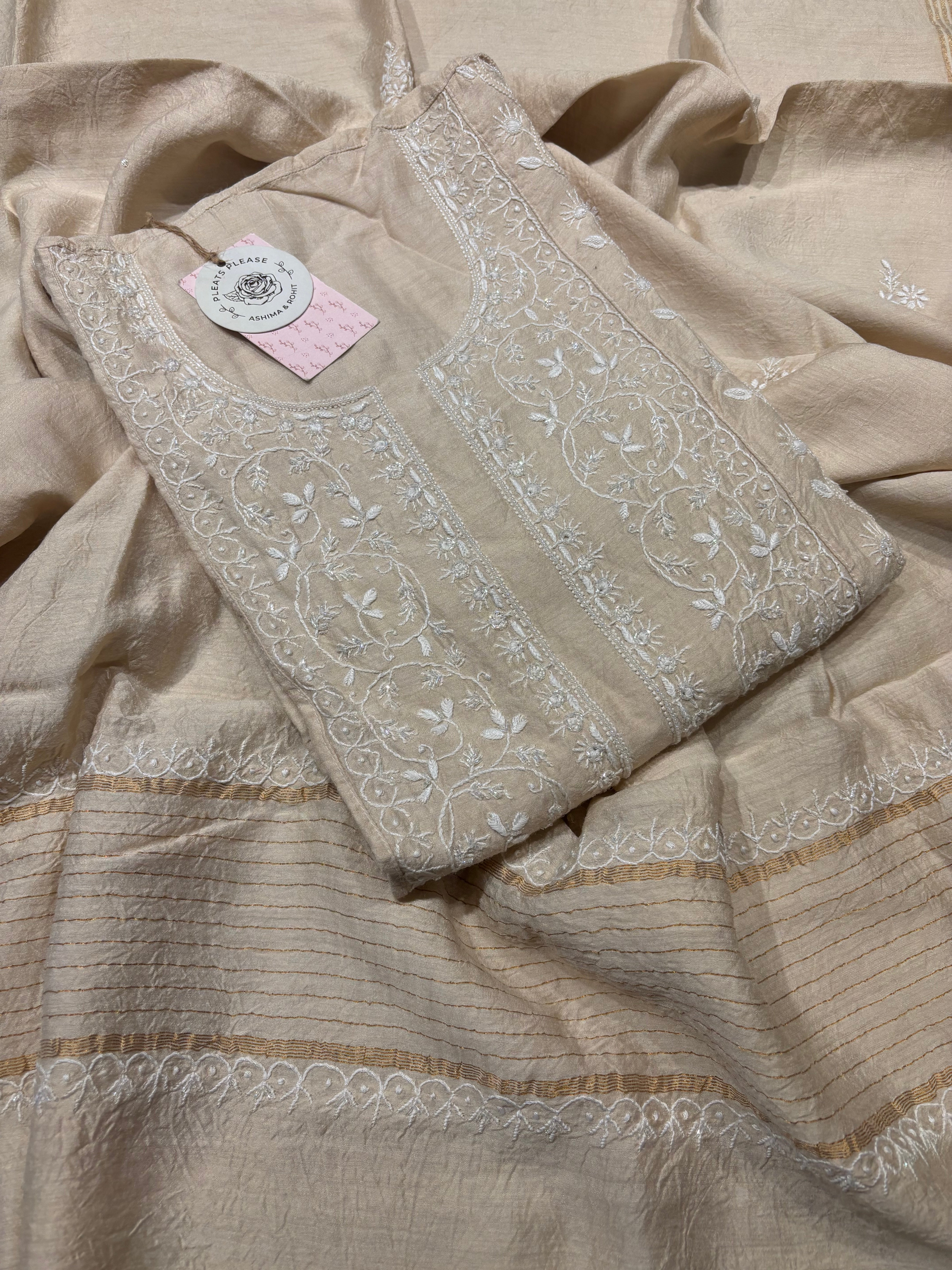 Dyeable Monga Silk Chikankari Kurta And Dupatta Set