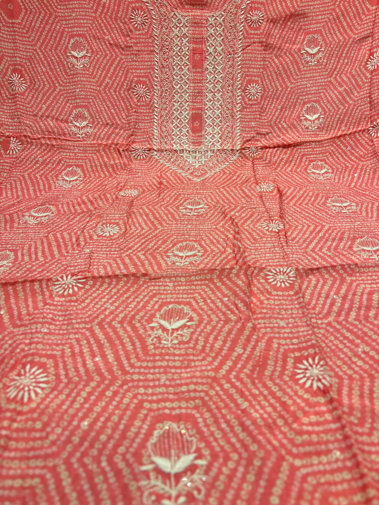 Pink Muslin Bandhani Chikankari Kurta fabric