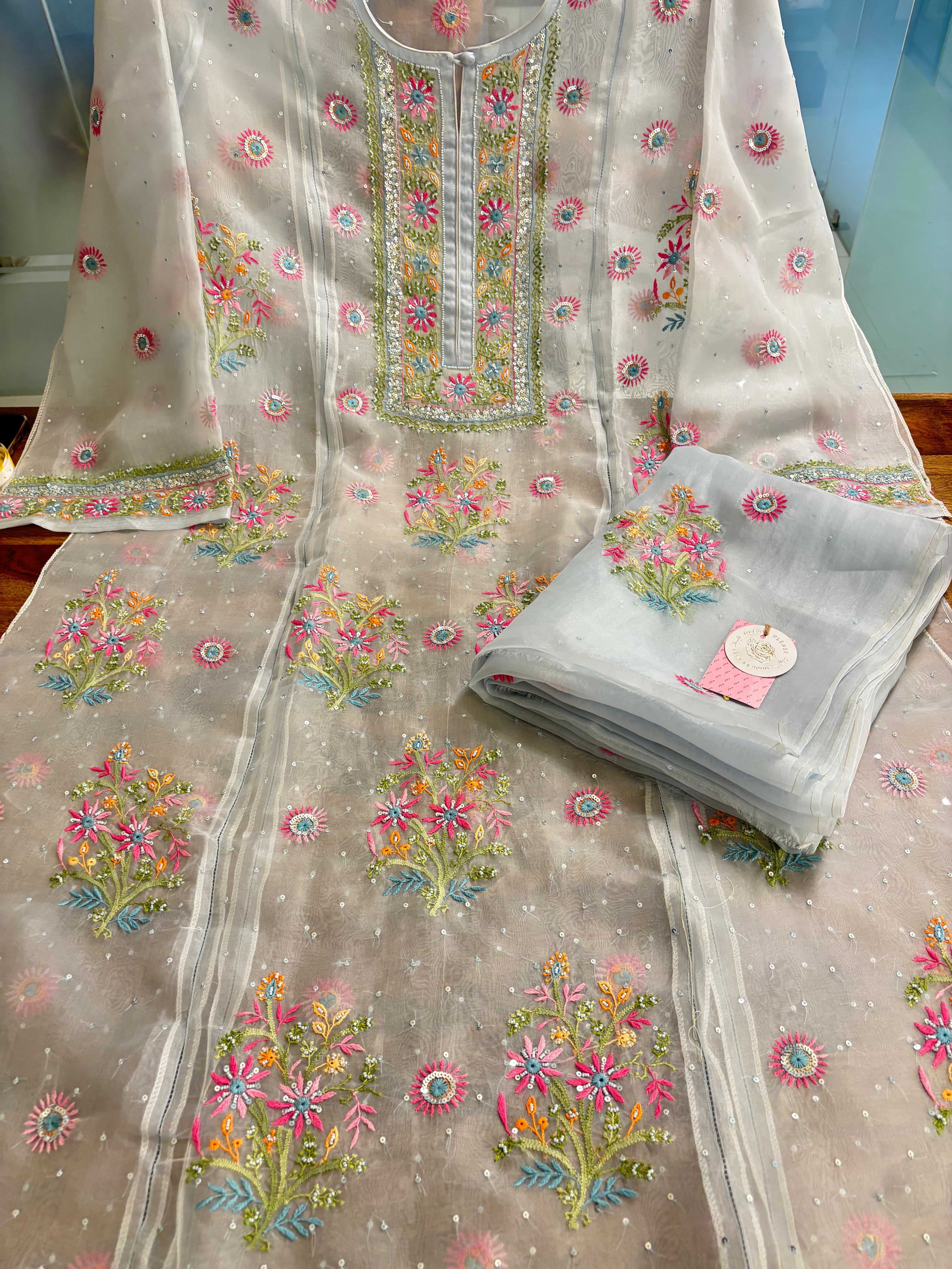 Pastel Blue Pure Organza Chikankari Kurta & Dupatta