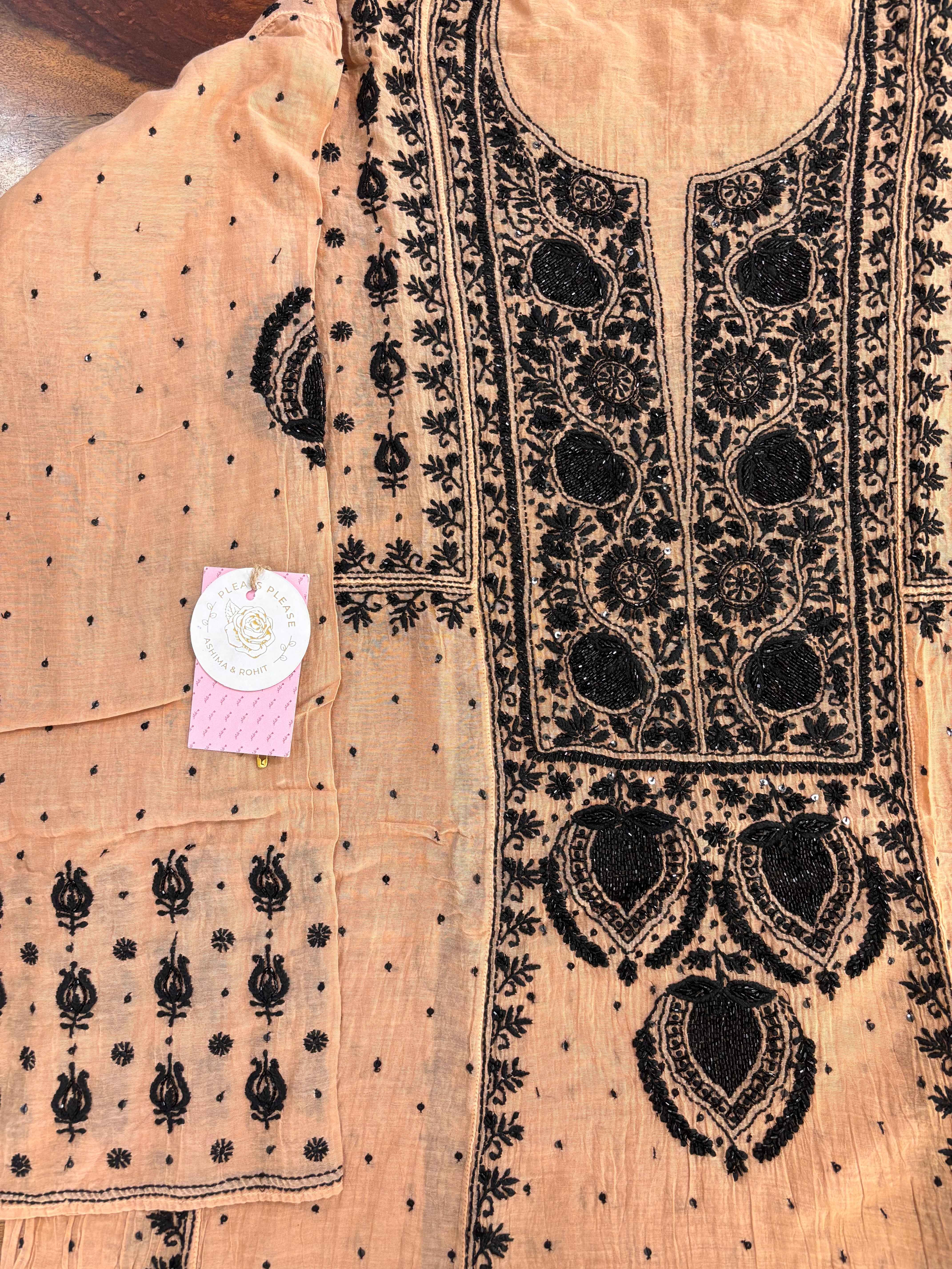 Apricot Peach Chanderi Chikankari A-Line Kurta & Dupatta