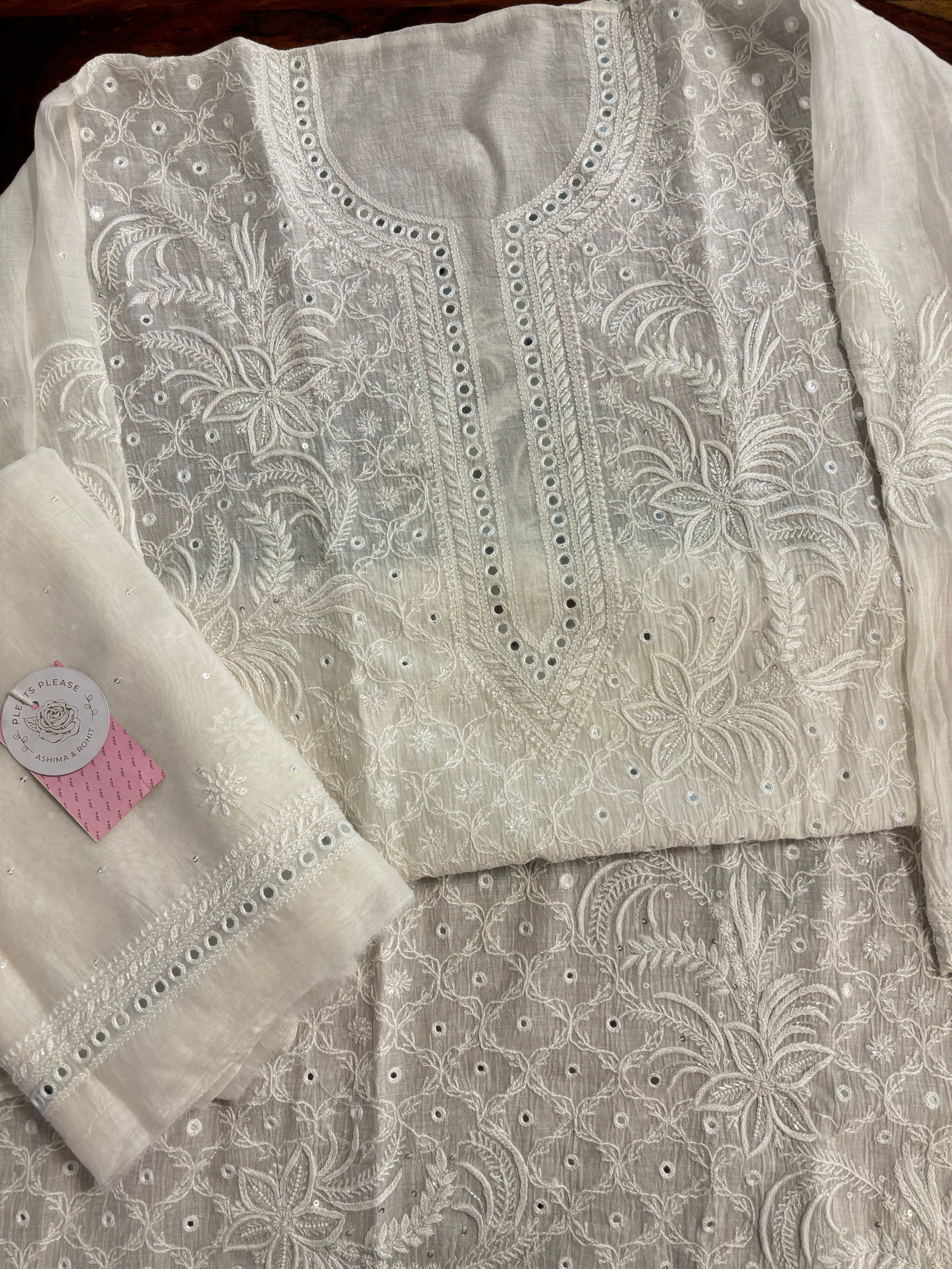 Dyeable Chanderi Mirror Chikankari Kurta & Dupatta - Pleats PleaseChikankari