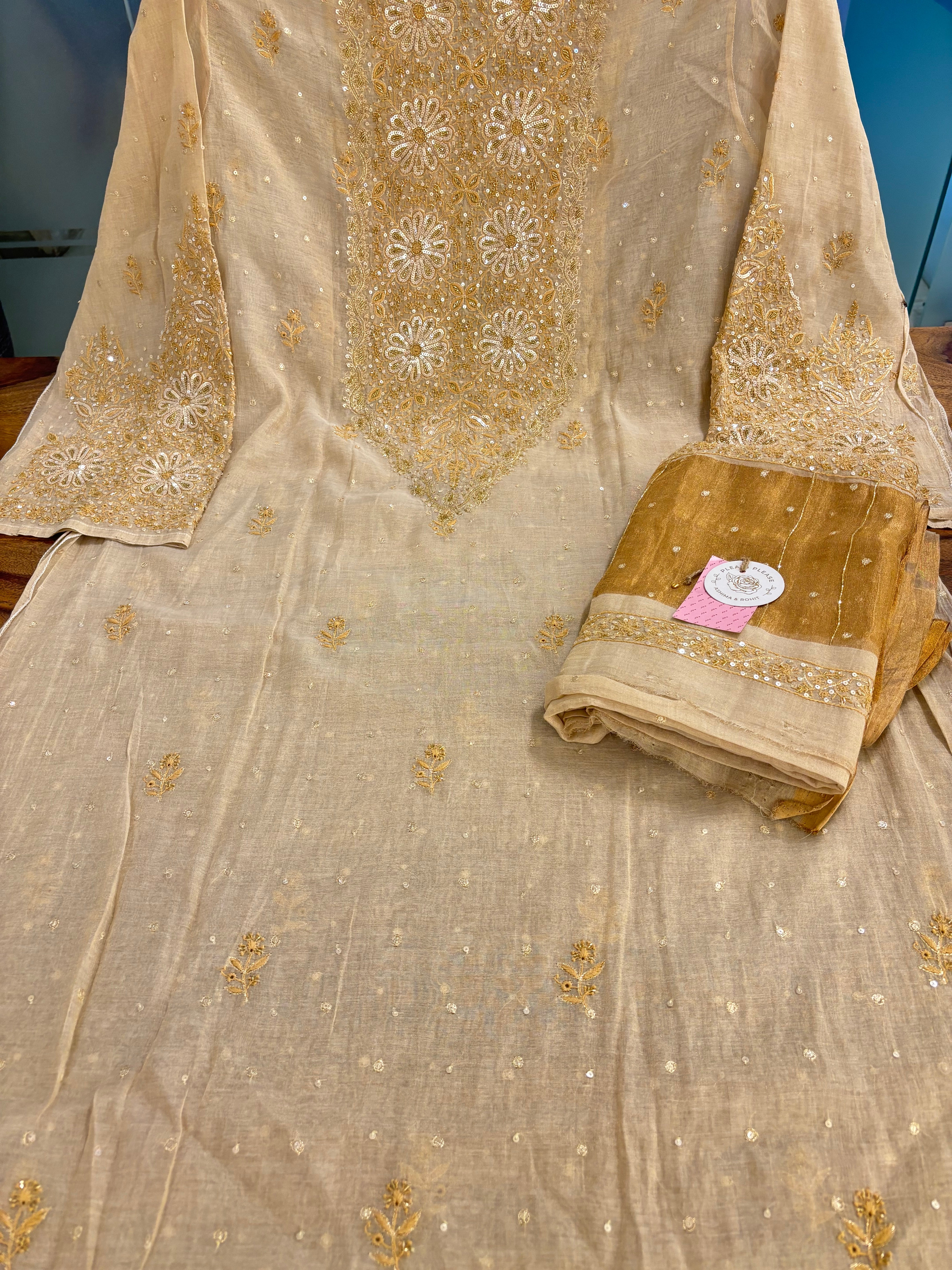 Dyeable Pure & Premium Tissue Heavy Neckline Chikankari Kurta & Dupatta