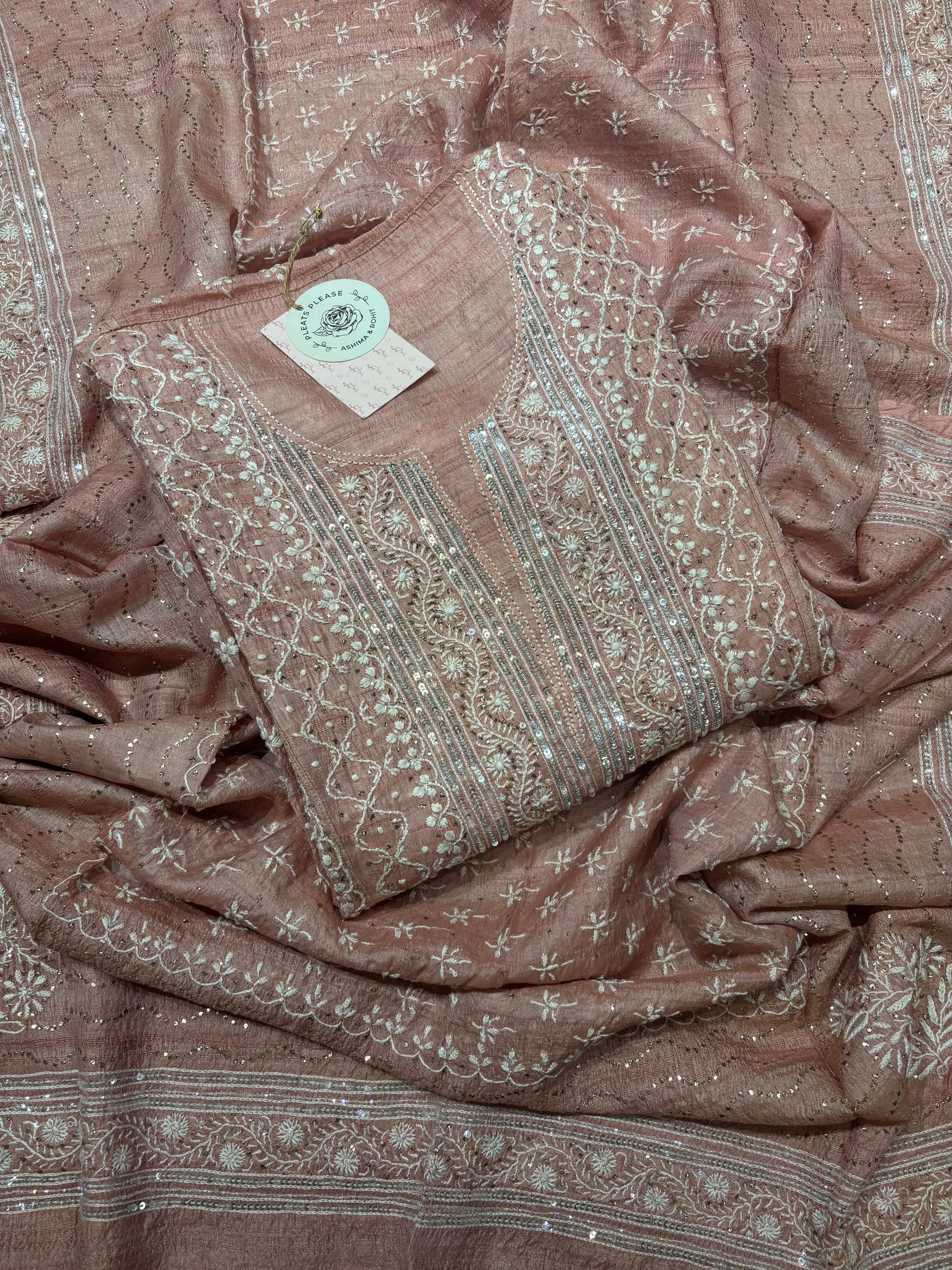 Flamingo Tussar Silk Chikankari And Mukaish Kurta And Dupatta Set