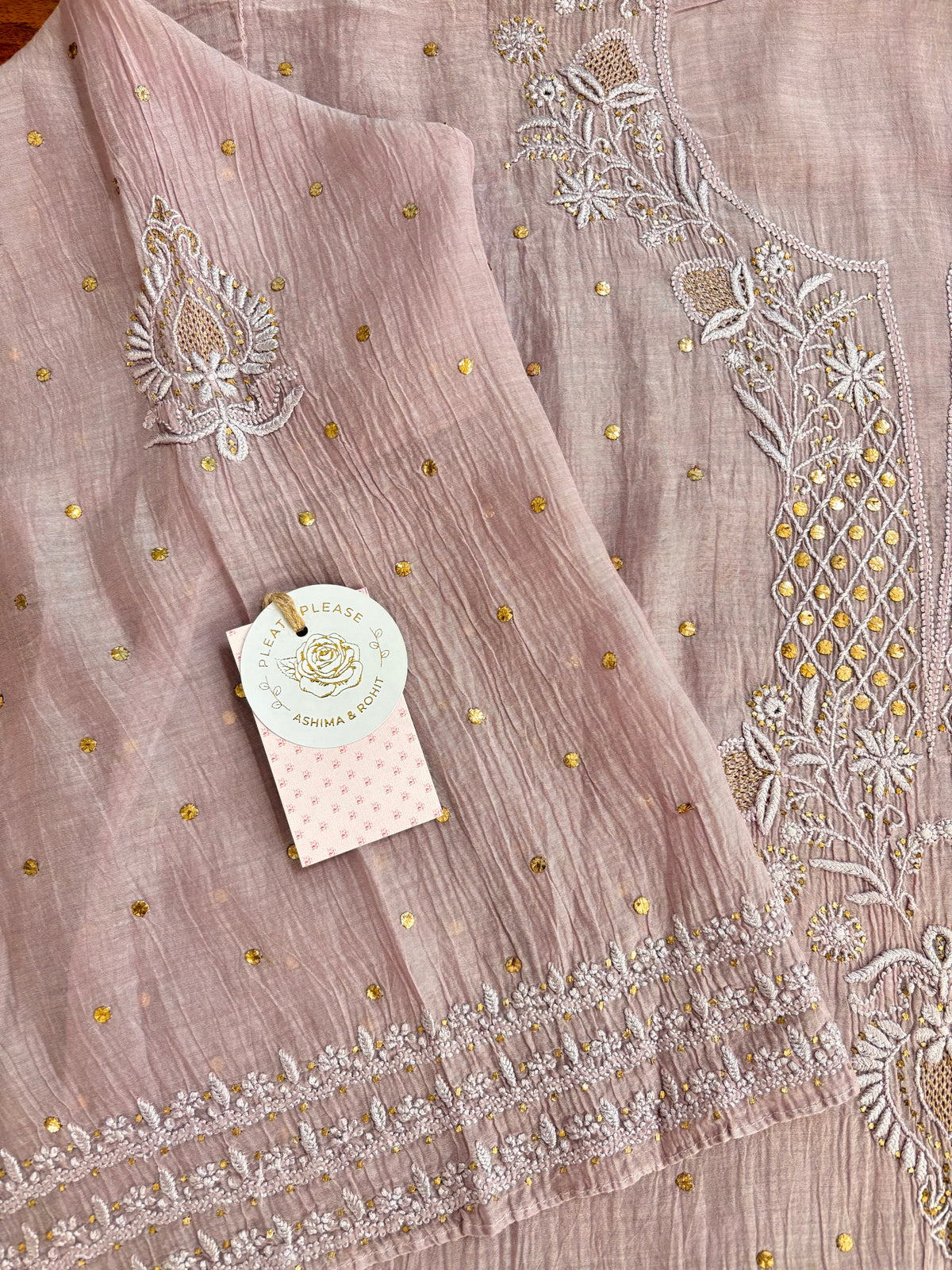 Dusty Mauve Chanderi Mul Chikankari Mukaish Kurta & Dupatta