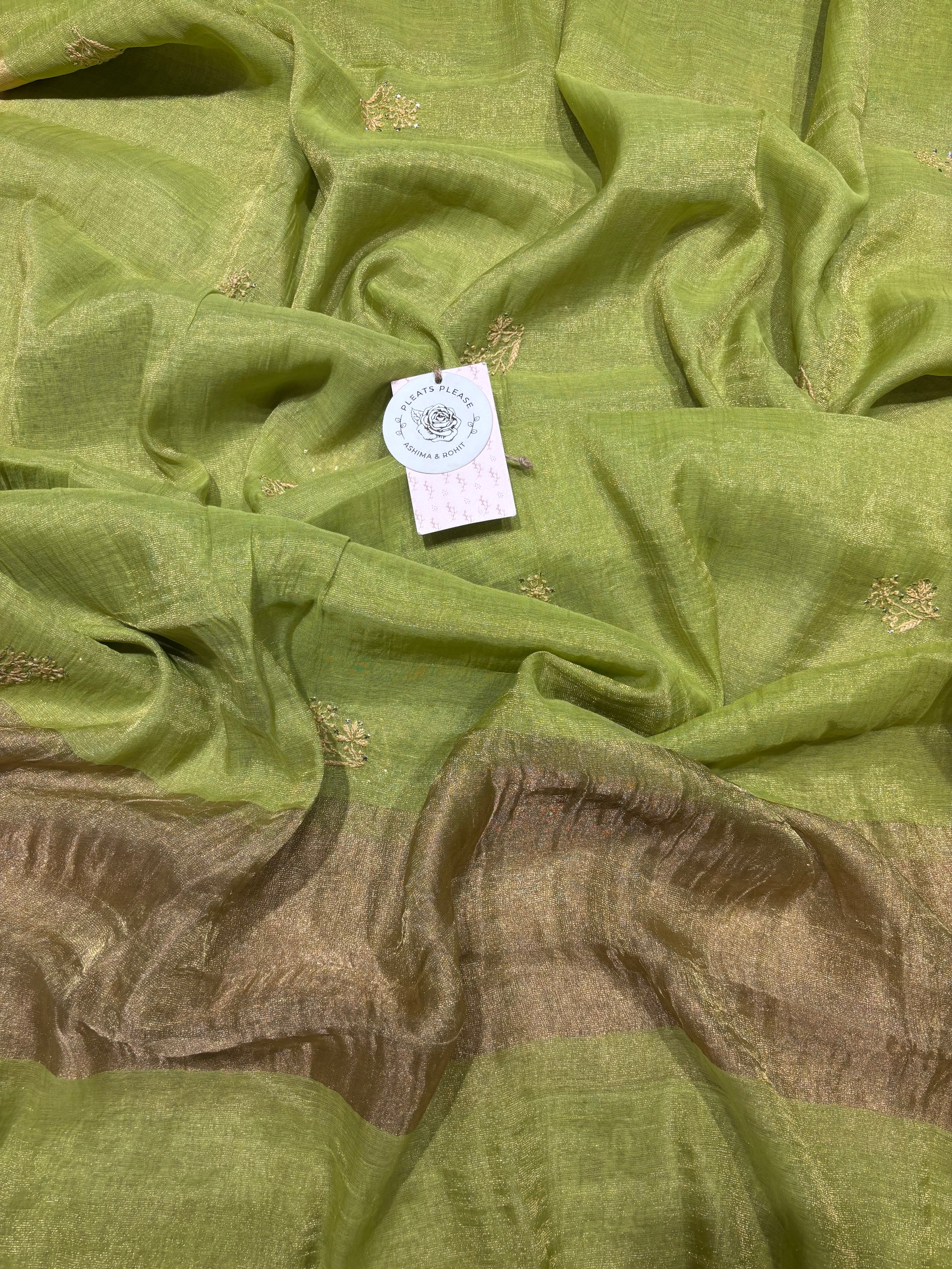 Green Pure and Premium Tissue Chikankari & Mukaish Angrakha Kurta and Dupatta Set