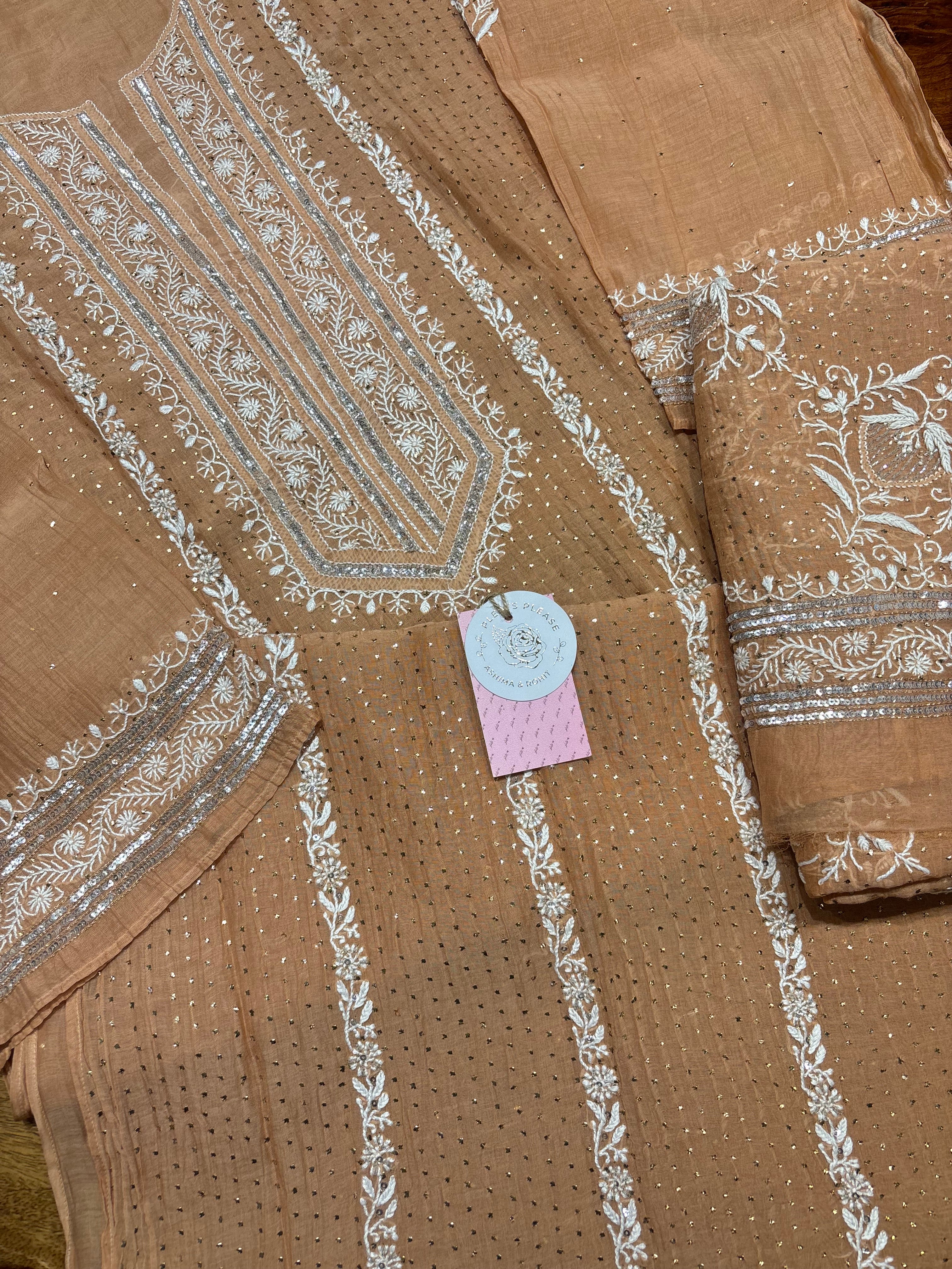 Brown Museli chanderi Mul Chikankari Kurta and Dupatta set