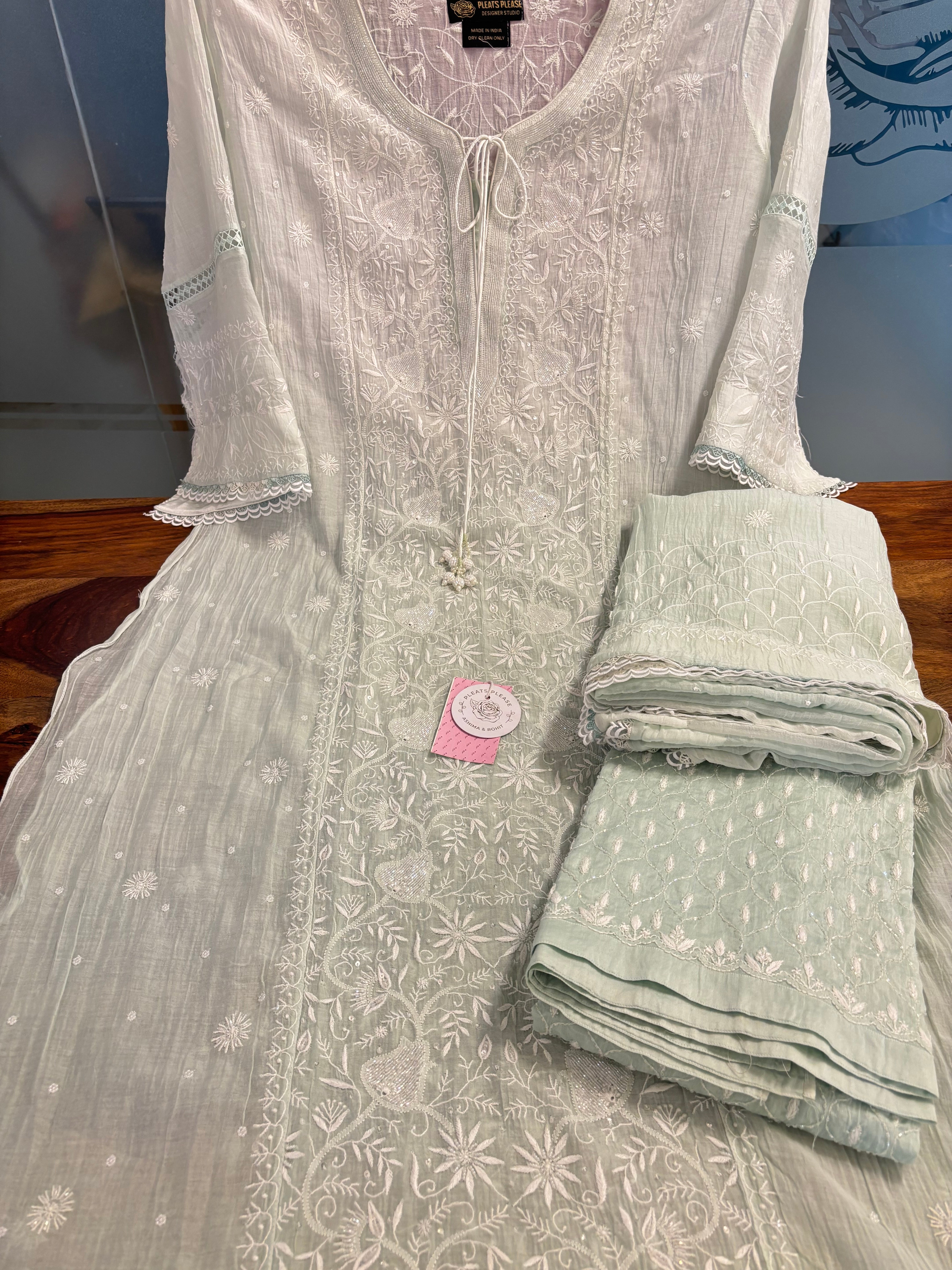 Sage Green Ombré Chanderi Mul Chikankari Kurta & Dupatta With Bottom - Pleats PleaseChikankari