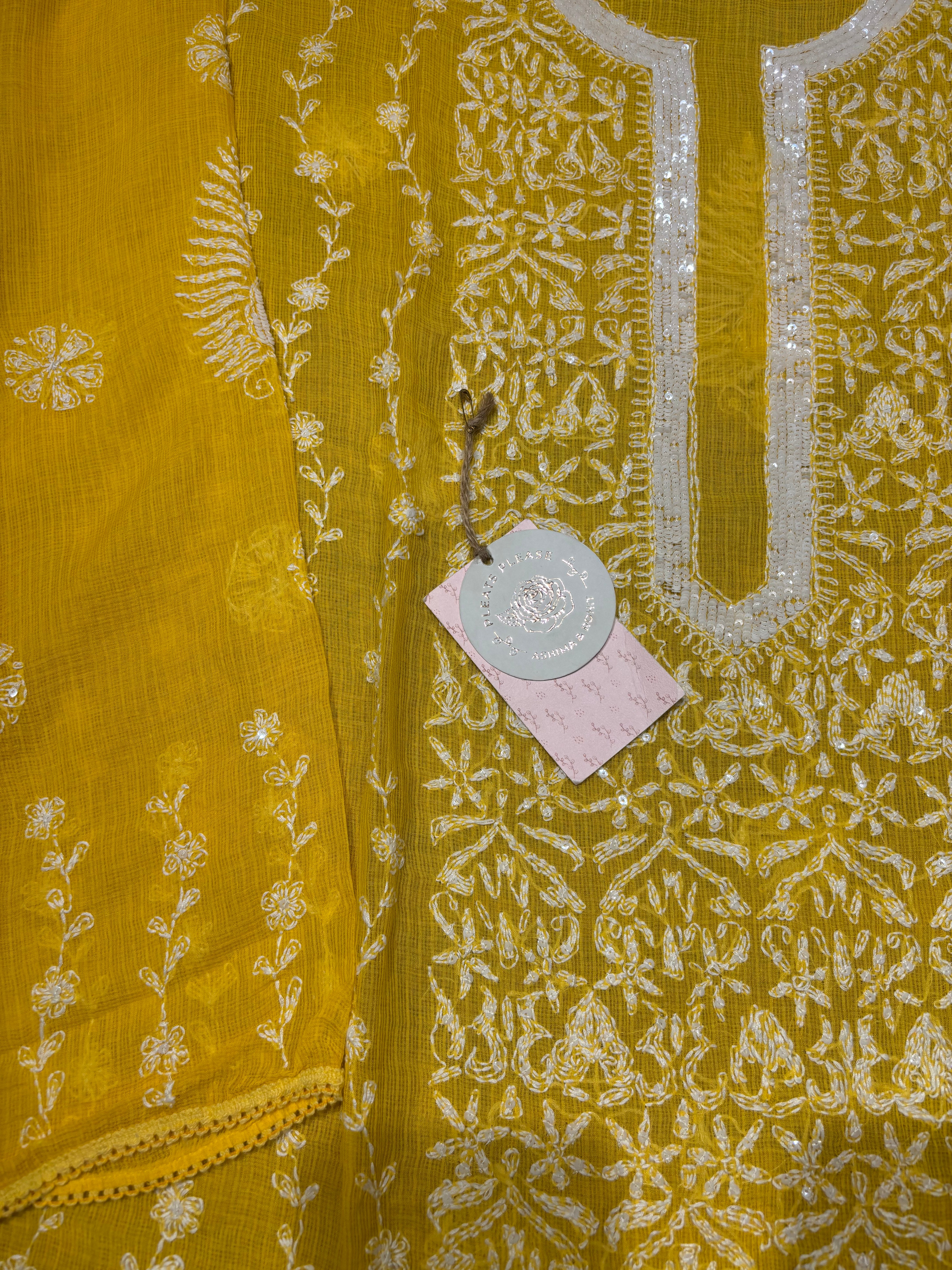 Yellow Kota Doria Chikankari Kurta and Dupatta