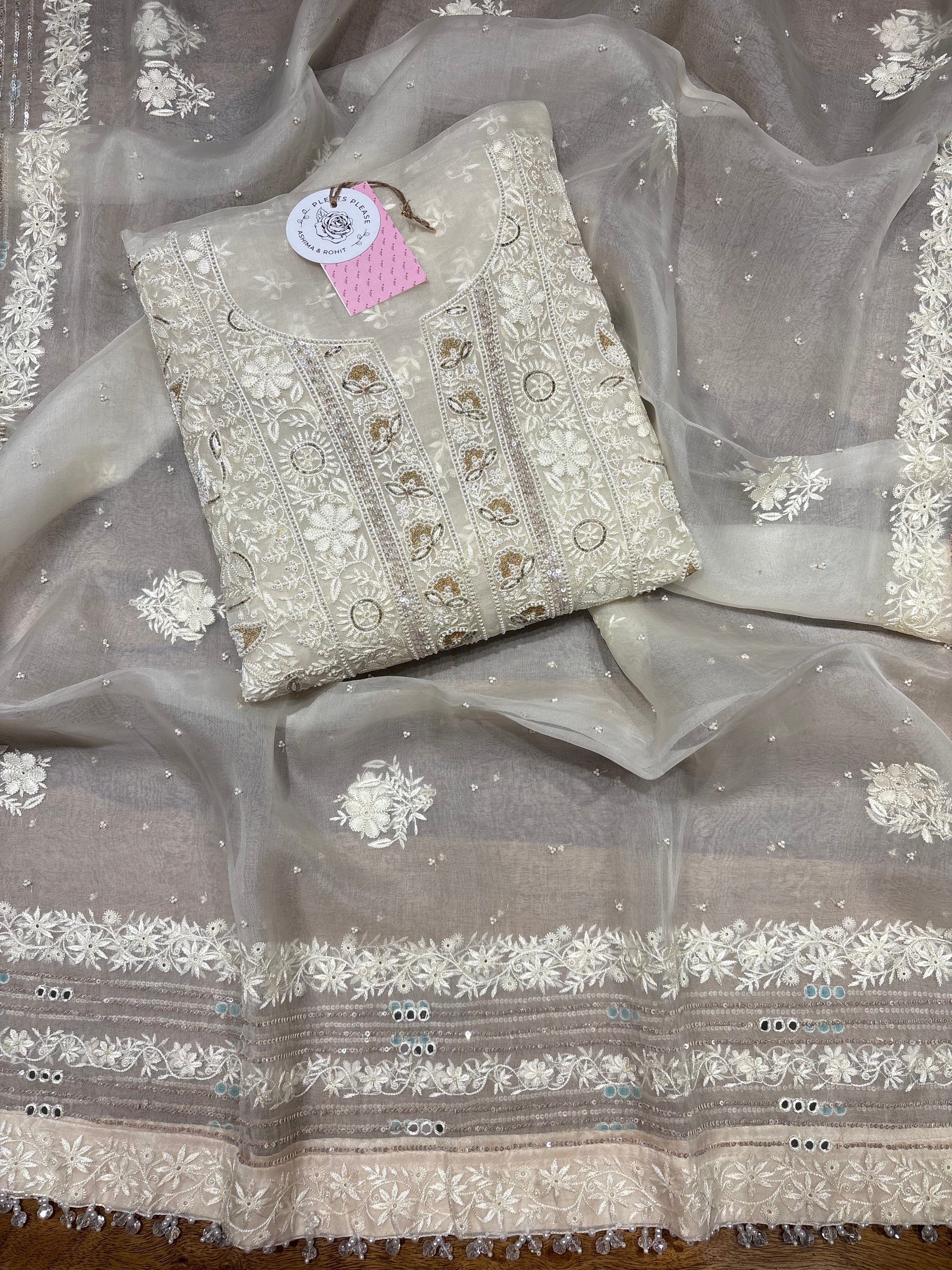 Ivory Pure & Premium Organza Silk Chikankari Kurta & Dupatta Fabric