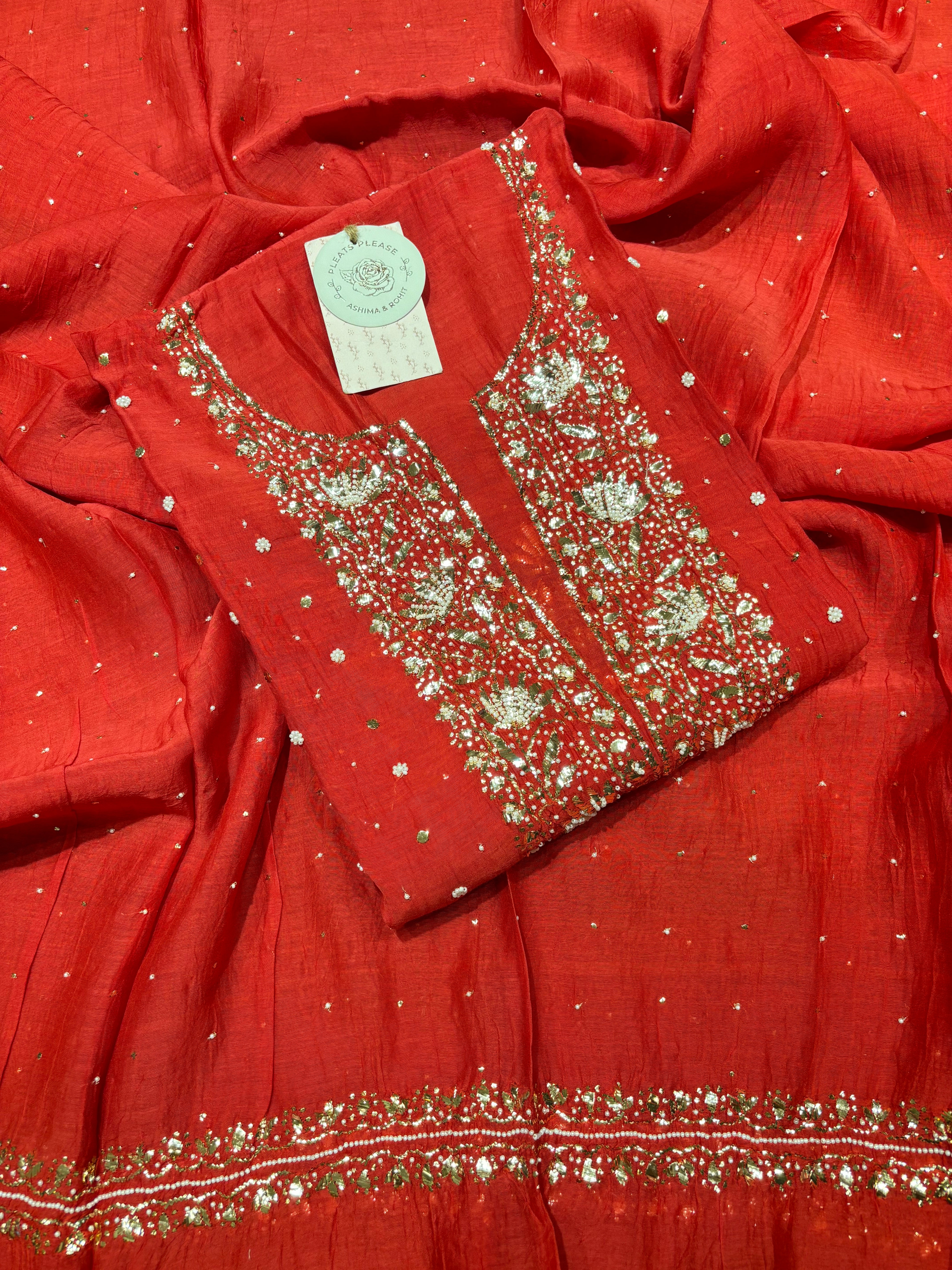 Red Chanderi Mul Mukaish Kurta & Dupatta Set