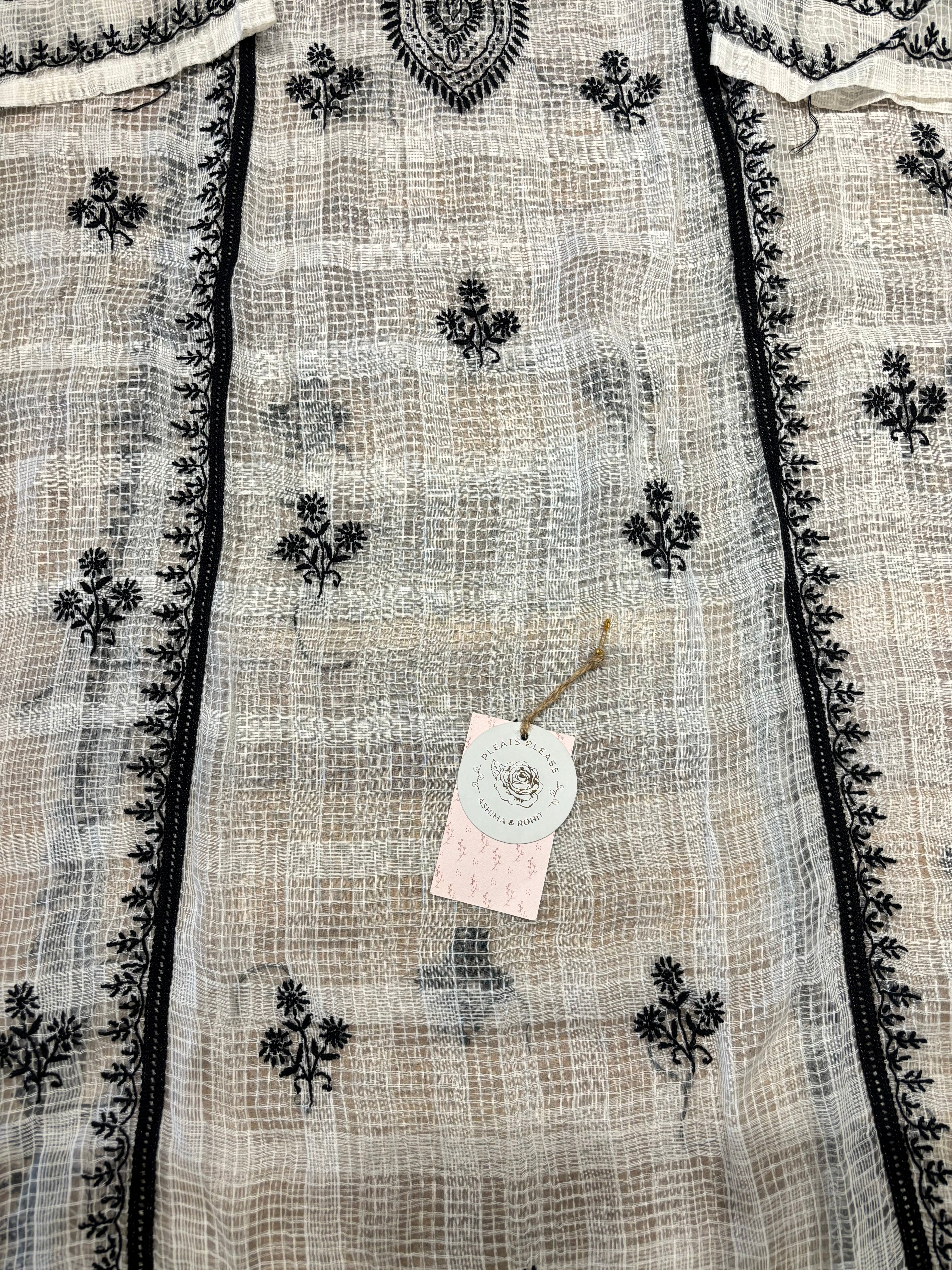 White And Black Kota Doria Chikankari Kurta And Dupatta Set