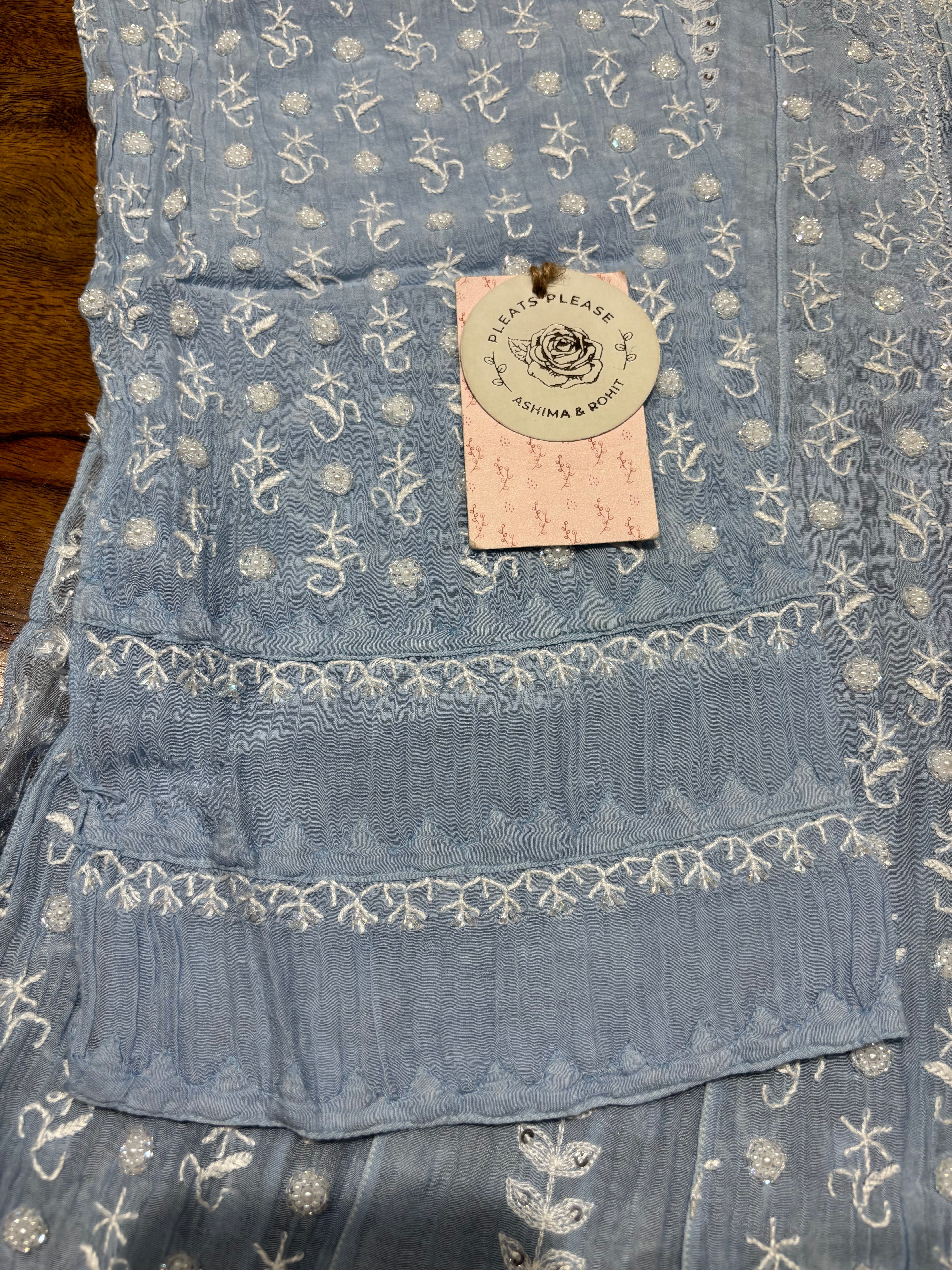 Powder Blue Chanderi Mul Chikankari  Anarkali & Dupatta Set