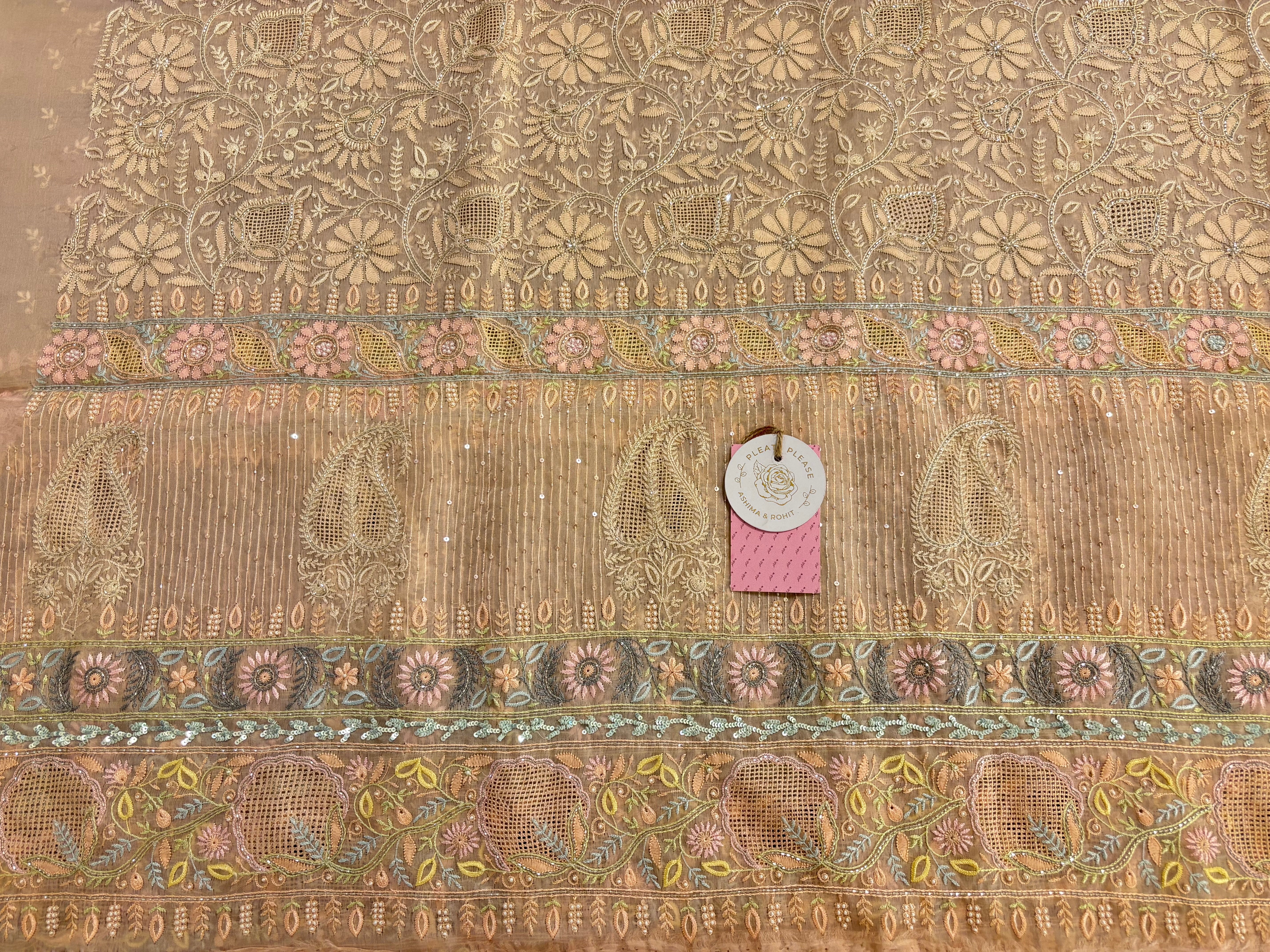 Pastel Peach Organza Mirror Chikankari Kurta & Dupatta