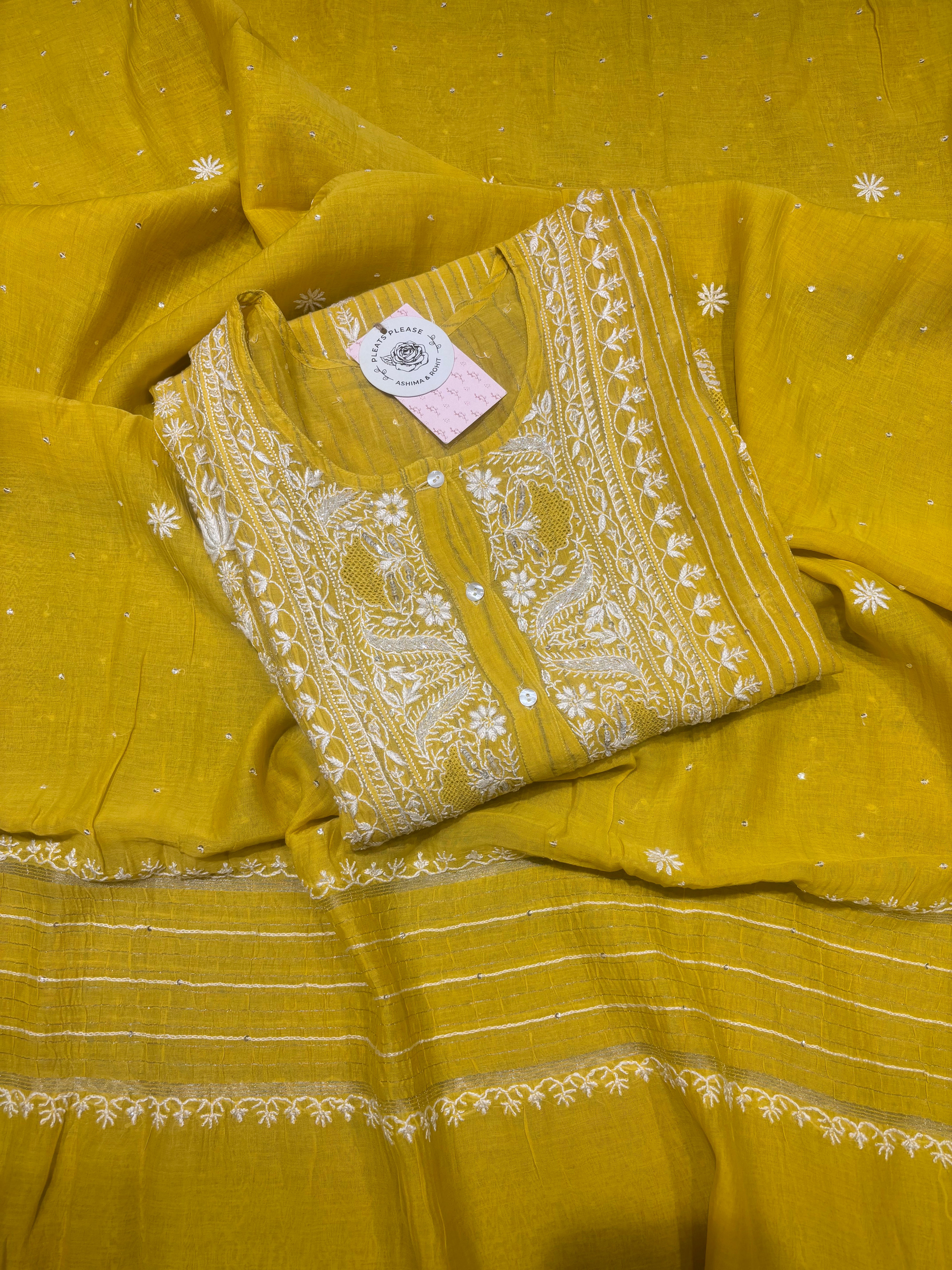 Mustard Chanderi Mul Chikankari Kurta & Dupatta Set