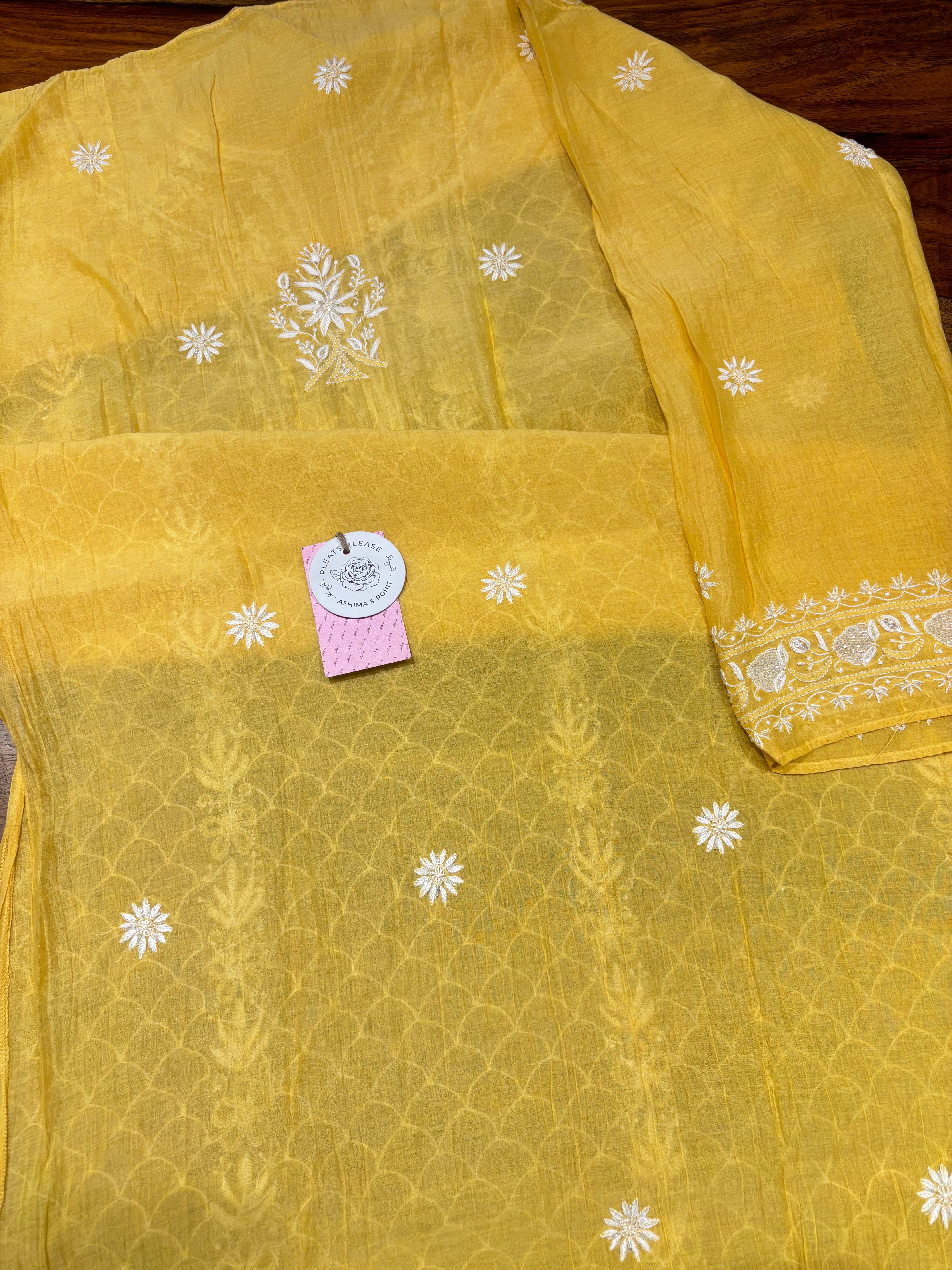 Yellow Chanderi Mul Chikankari Kurta & Dupatta Set