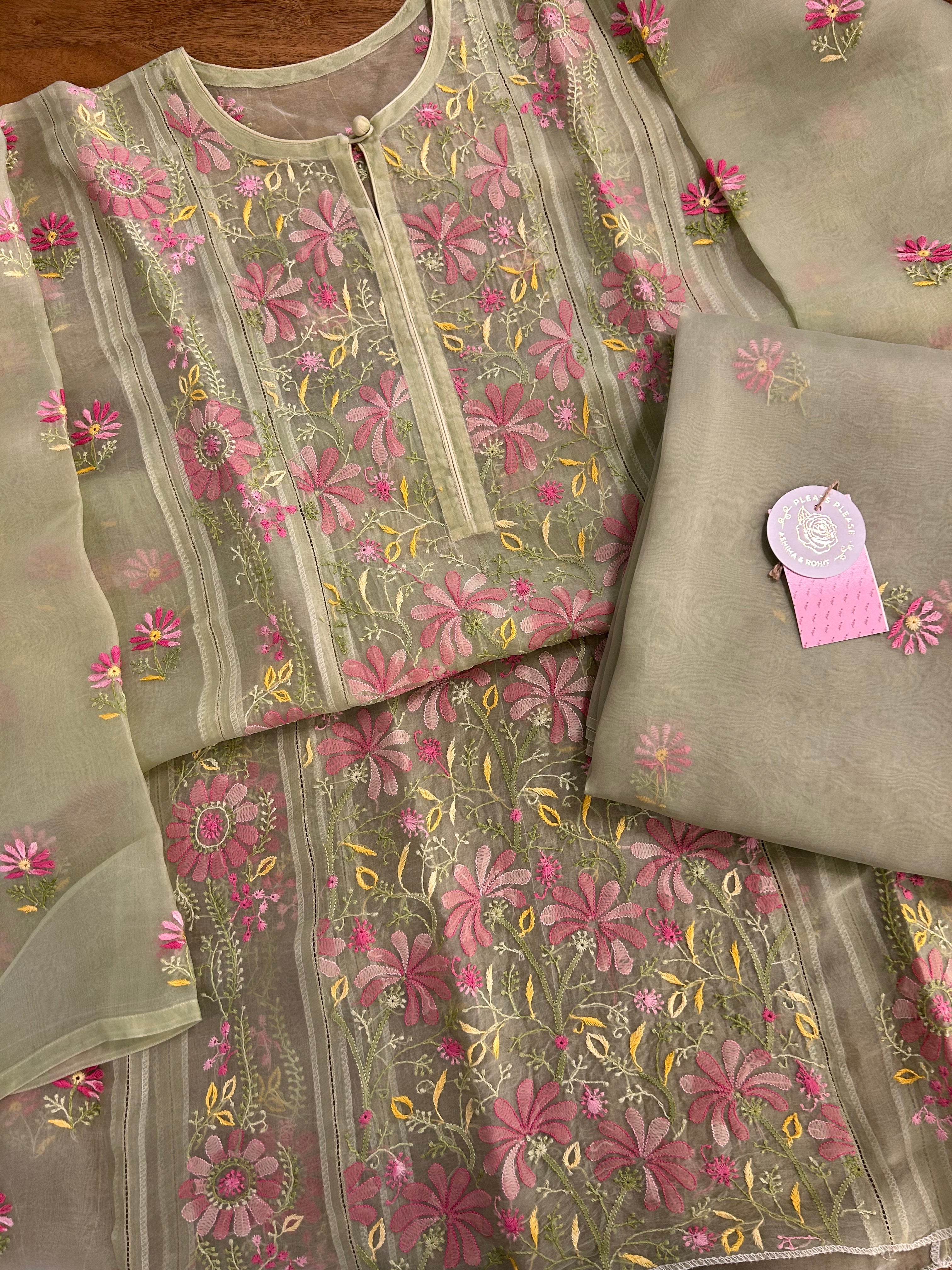 Sage Mist Pure Organza Chikankari Kurta & Dupatta