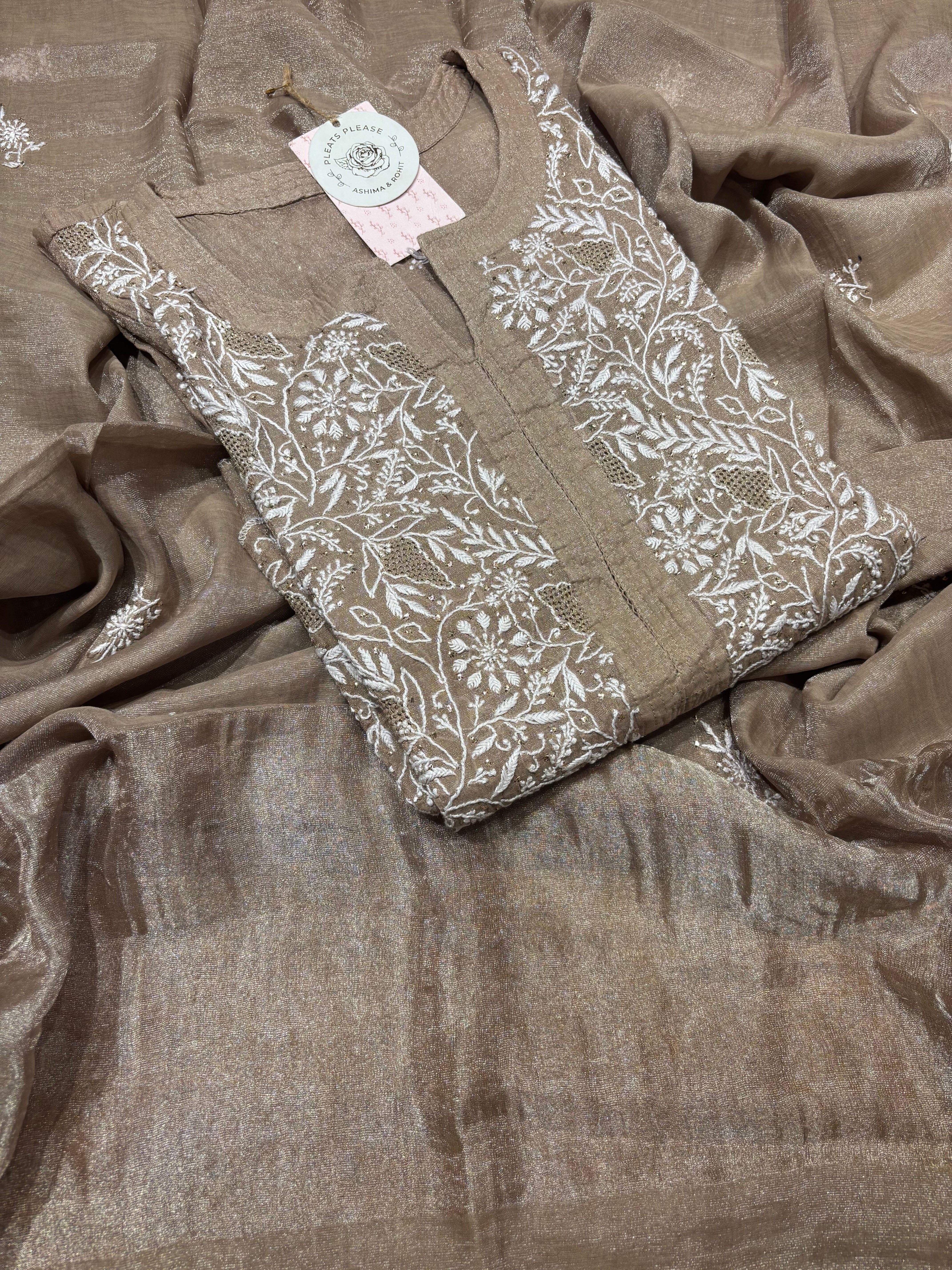 Brown Pure And Premium Tissue Chikankari Kurta And Dupatta Set
