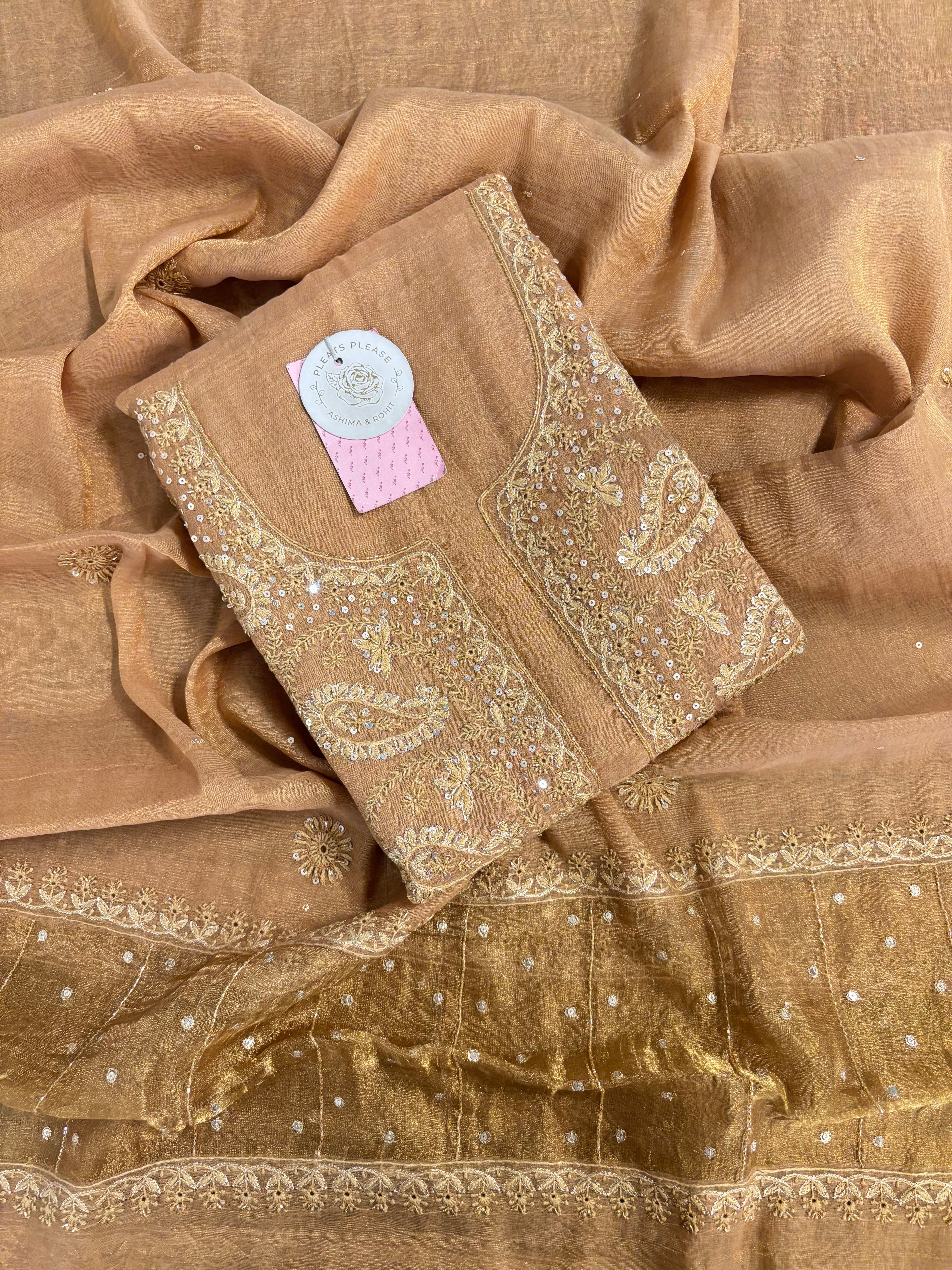Golden Honey Pure & Premium Tissue Chikankari Kurta & Dupatta