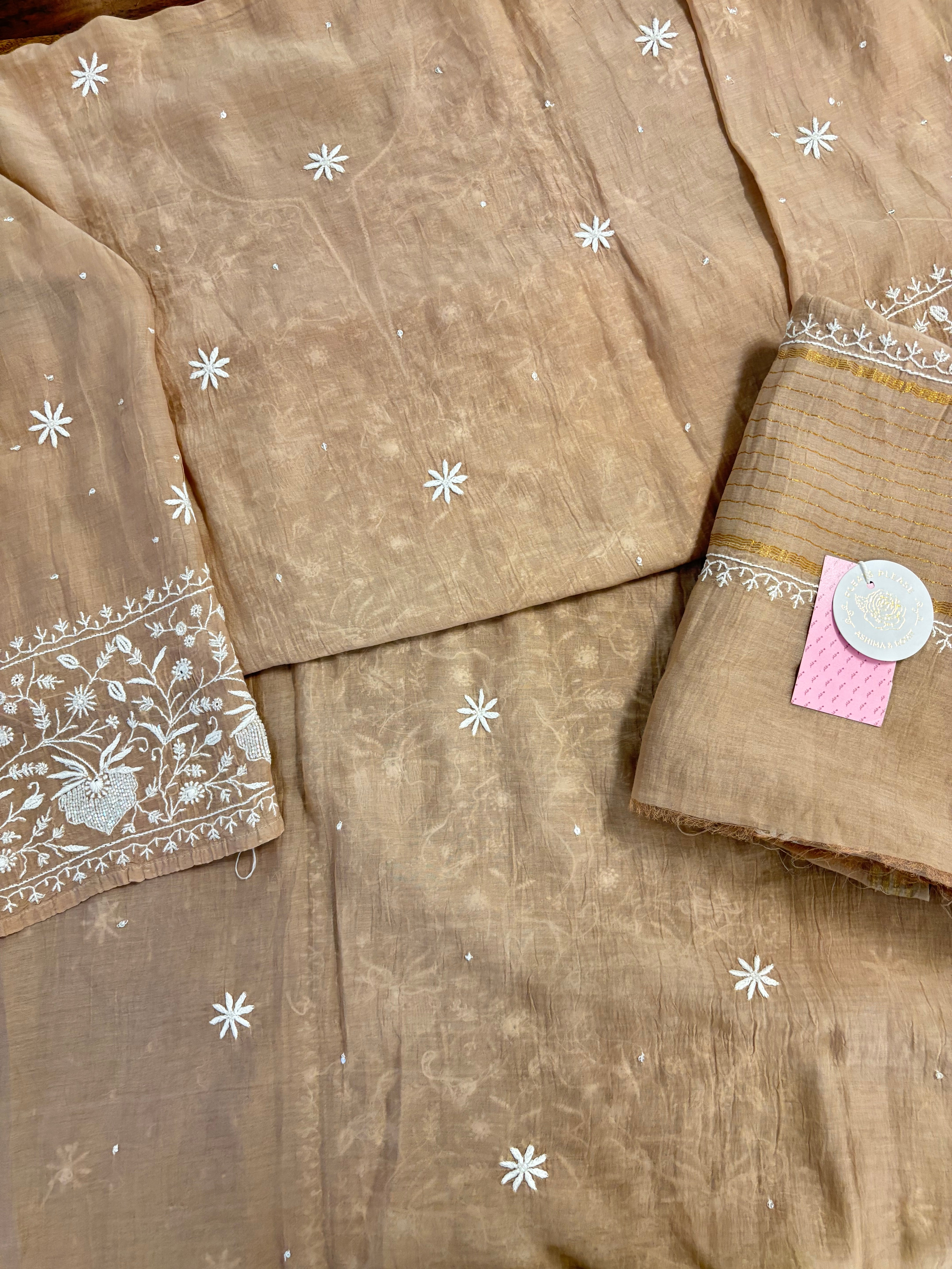 Nude Beige Chanderi Chikankari Kurta & Dupatta