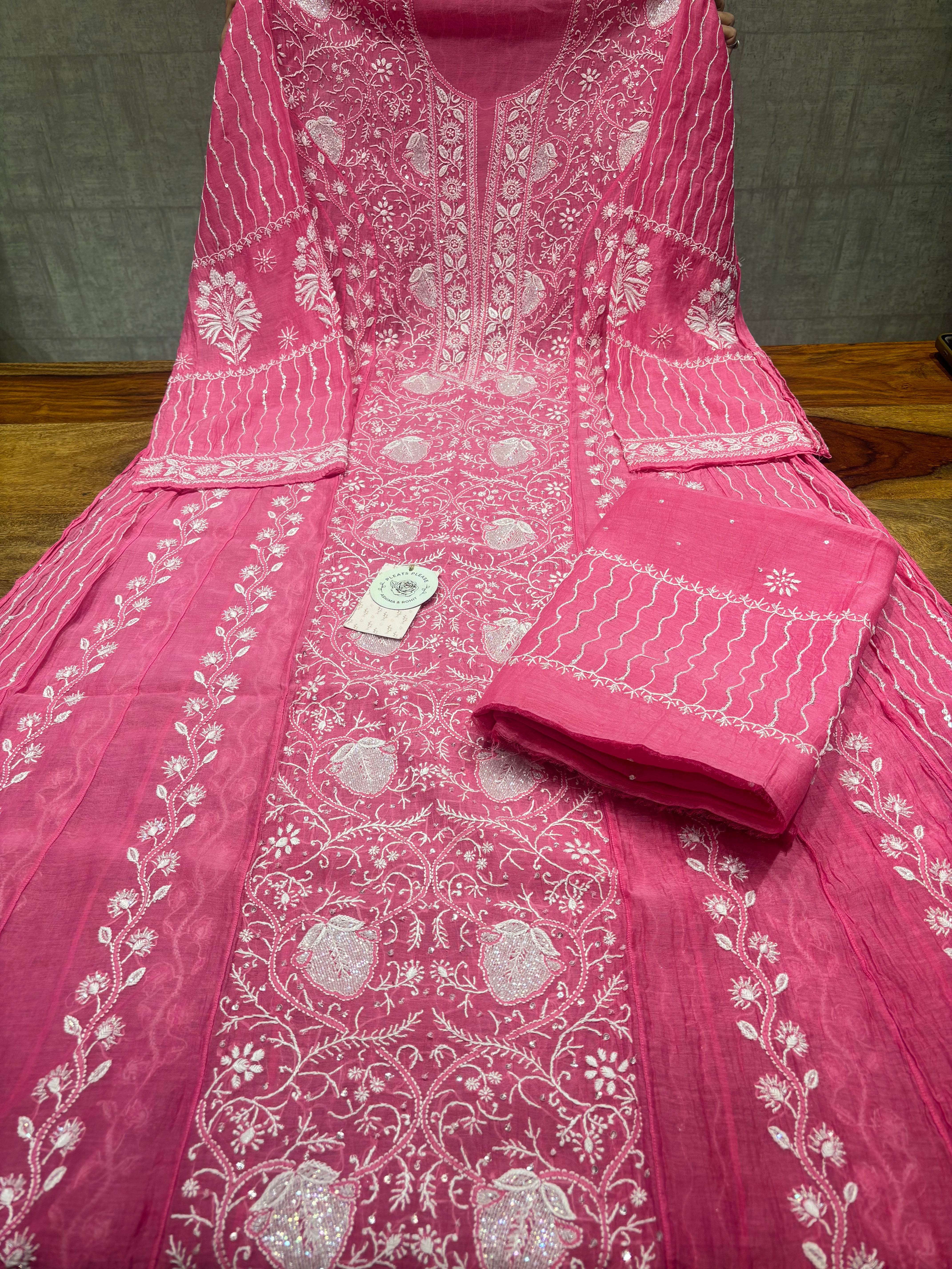 Fuschia Pink Chanderi Mul Chikankari Anarkali & Dupatta Set