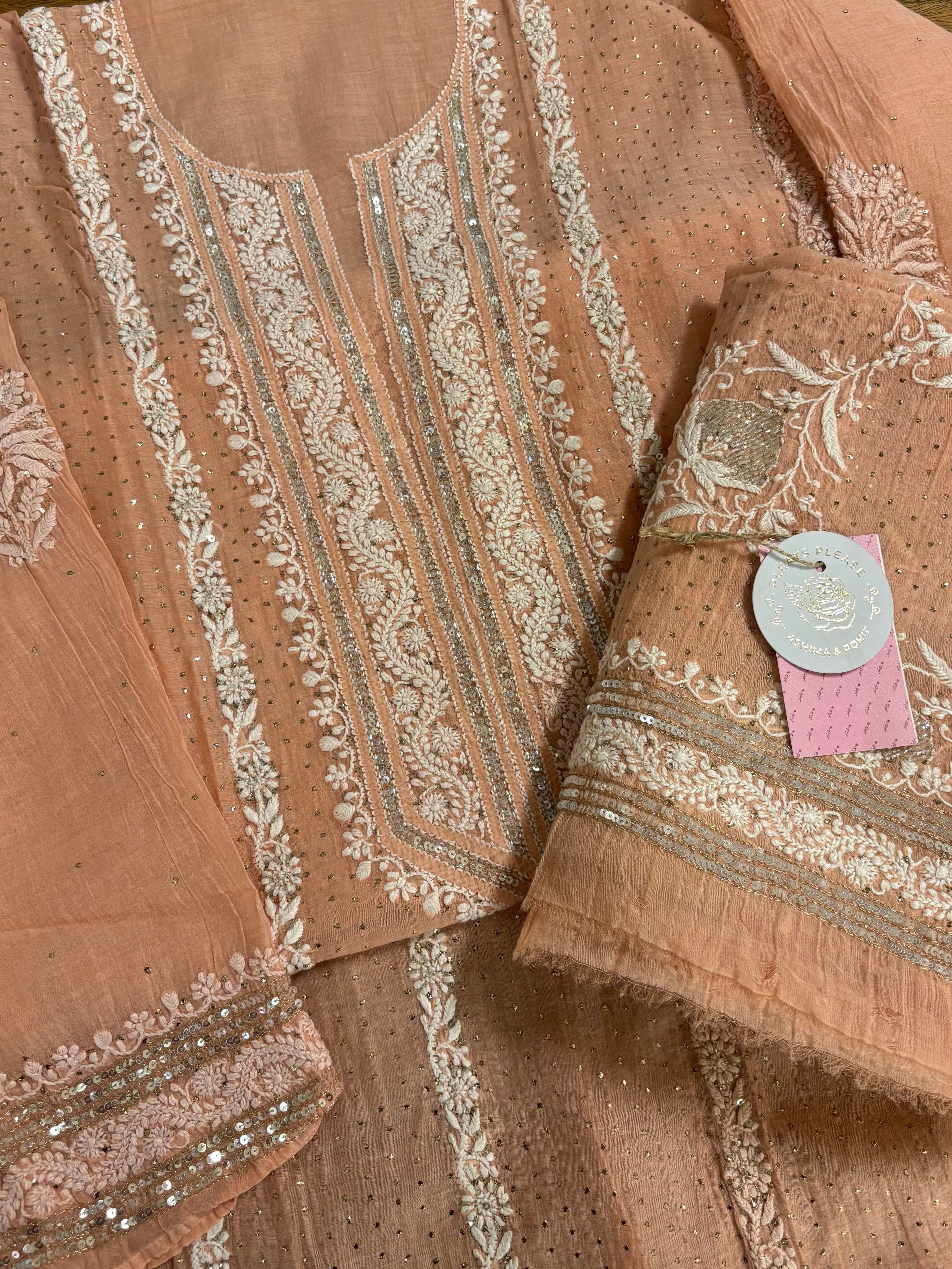 Peach Chanderi Mukaish Kurta Dupatta set