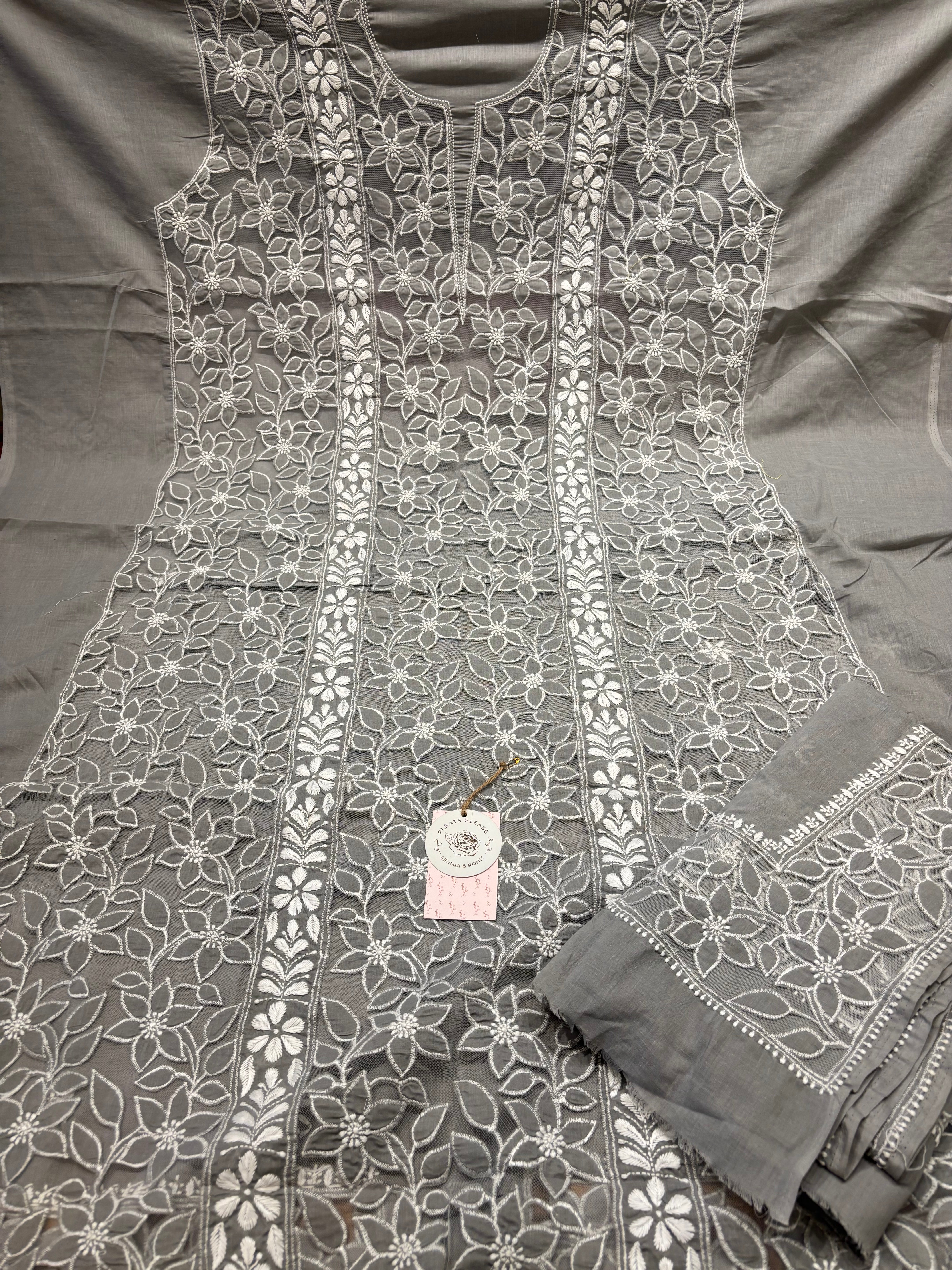 Gray Mul Soft Net Applique Chikankari Kurta and Dupatta Fabric