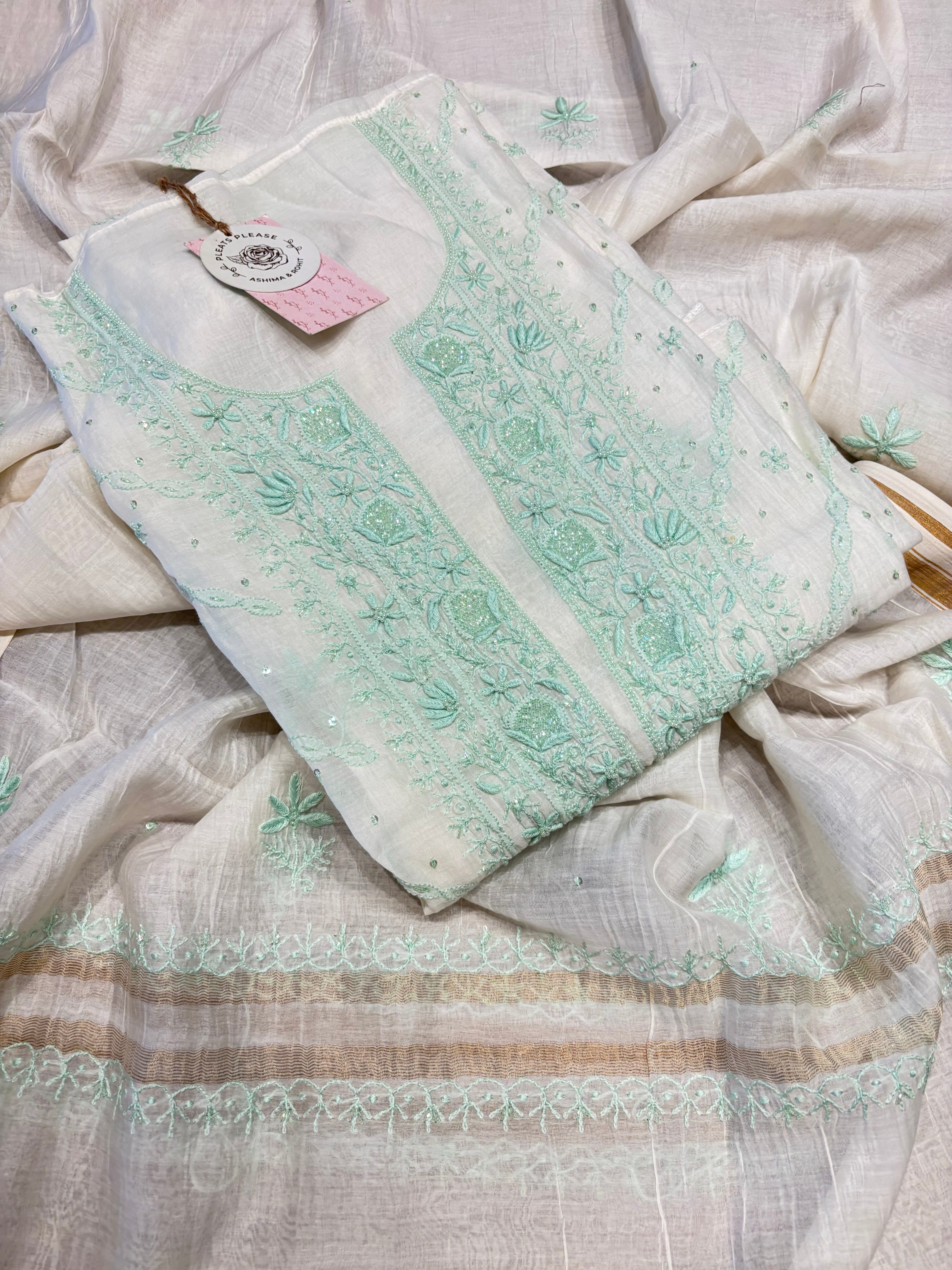 Dyeable Chanderi Mul Chikankari Kurta and Dupatta
