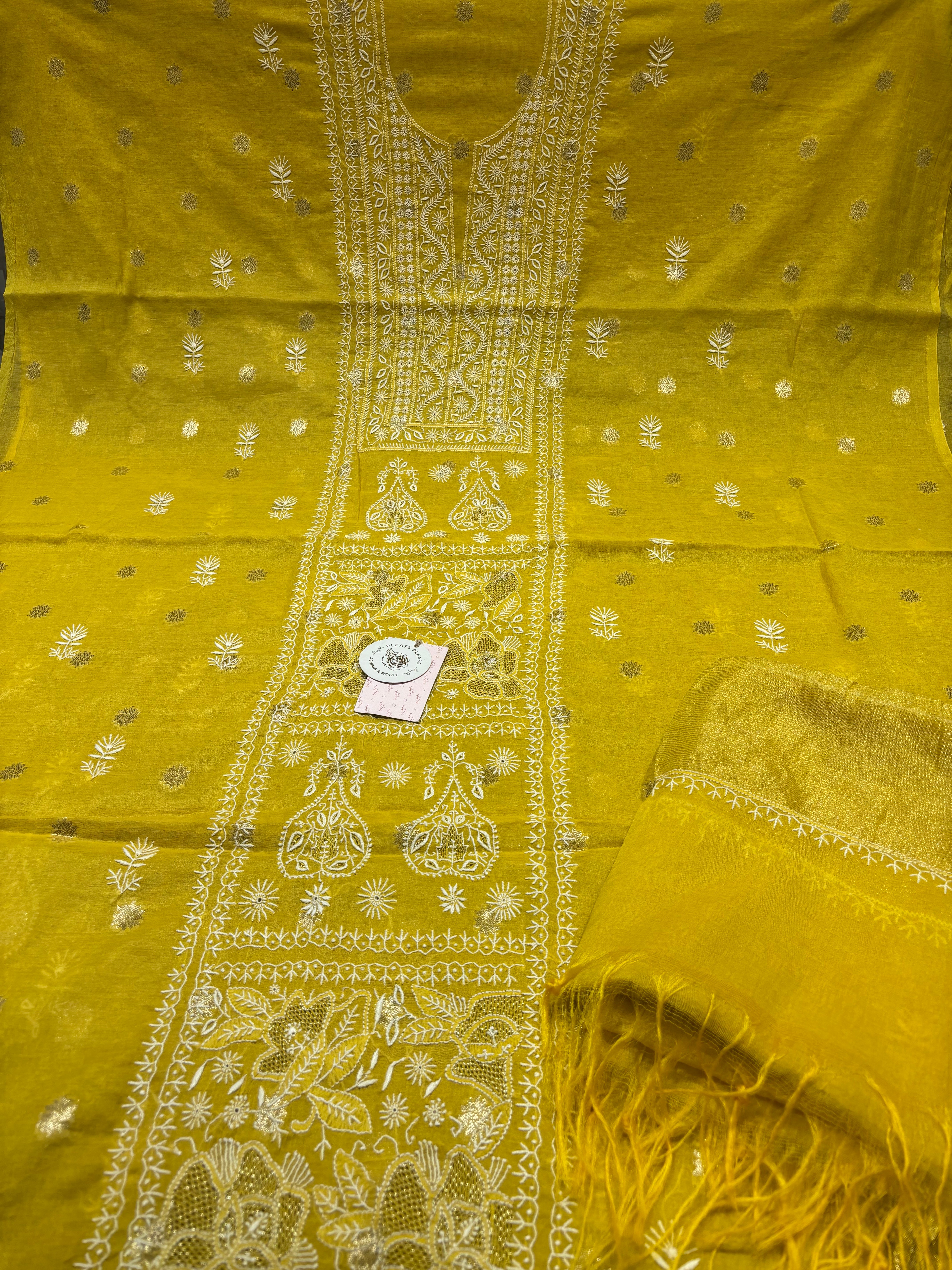 Yellow Chanderi Silk Chikankari Kurta & Dupatta Fabric