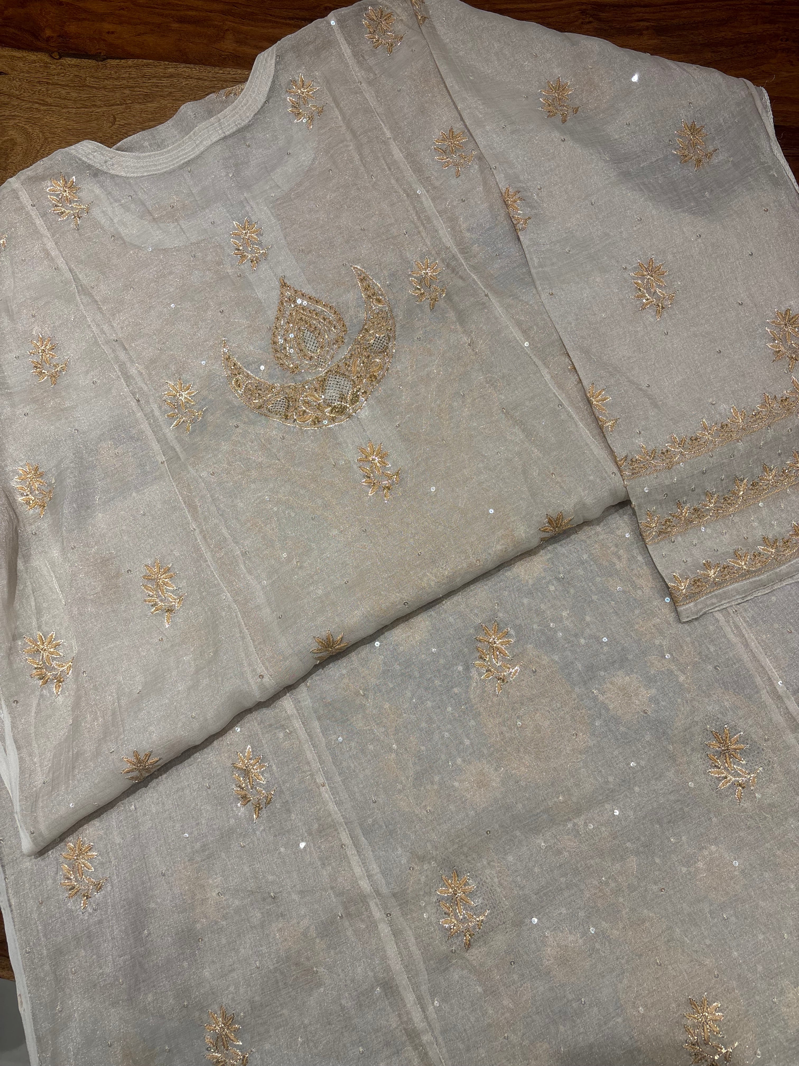 Dyeable Pure & Premium Silver Tissue Chikankari Kurta & Dupatta Set