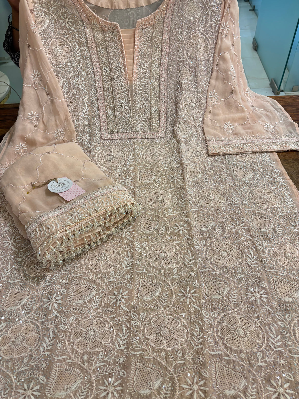 Pastel Peach Pure & Premium Georgette Chikankari Kurta & Dupatta