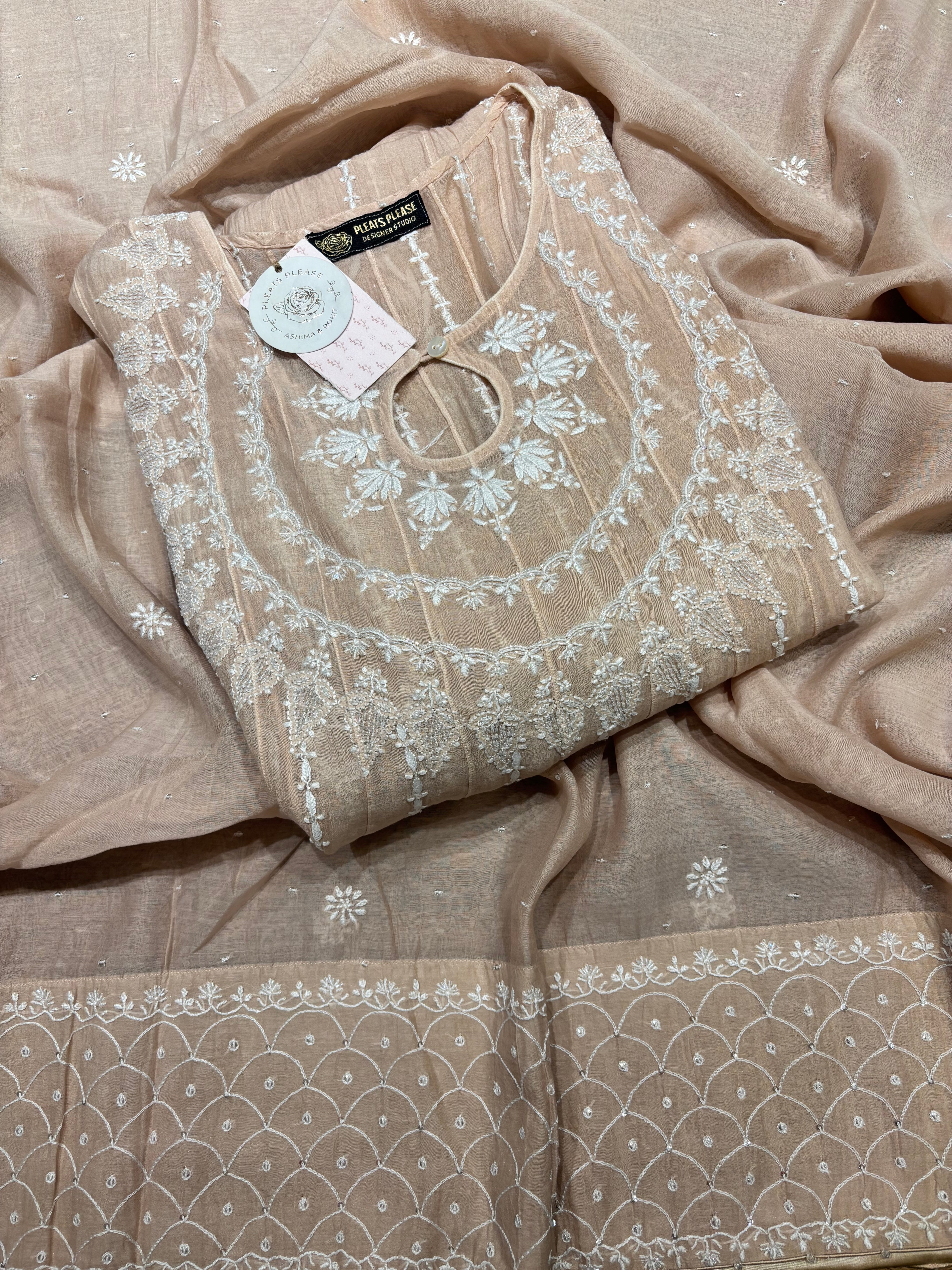 Peach Chanderi Mul Chikankari Anarkali & Dupatta Set