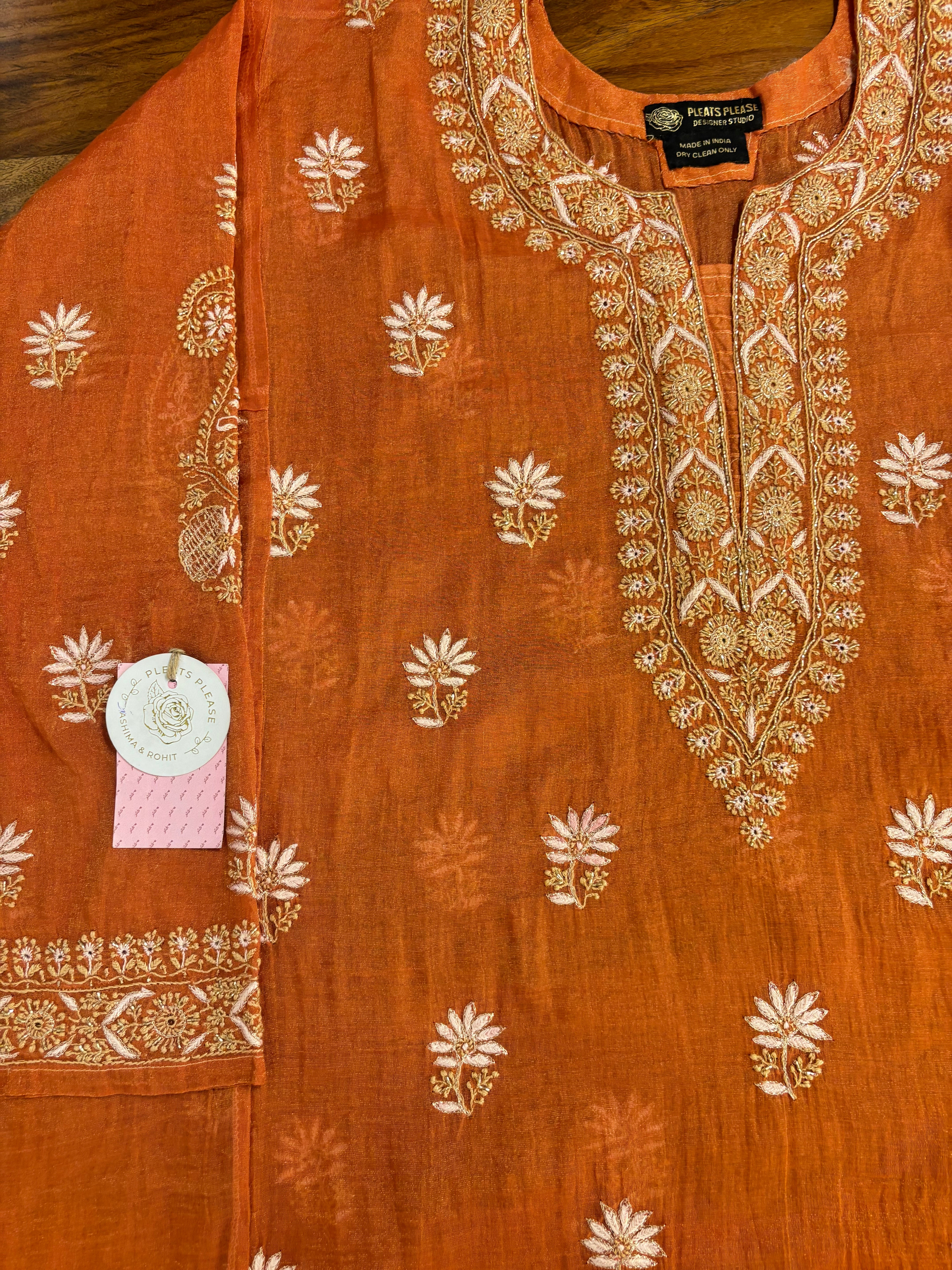 Burnt Orange Pure & Premium Tissue Chikankari A-Line Kurta & Dupatta