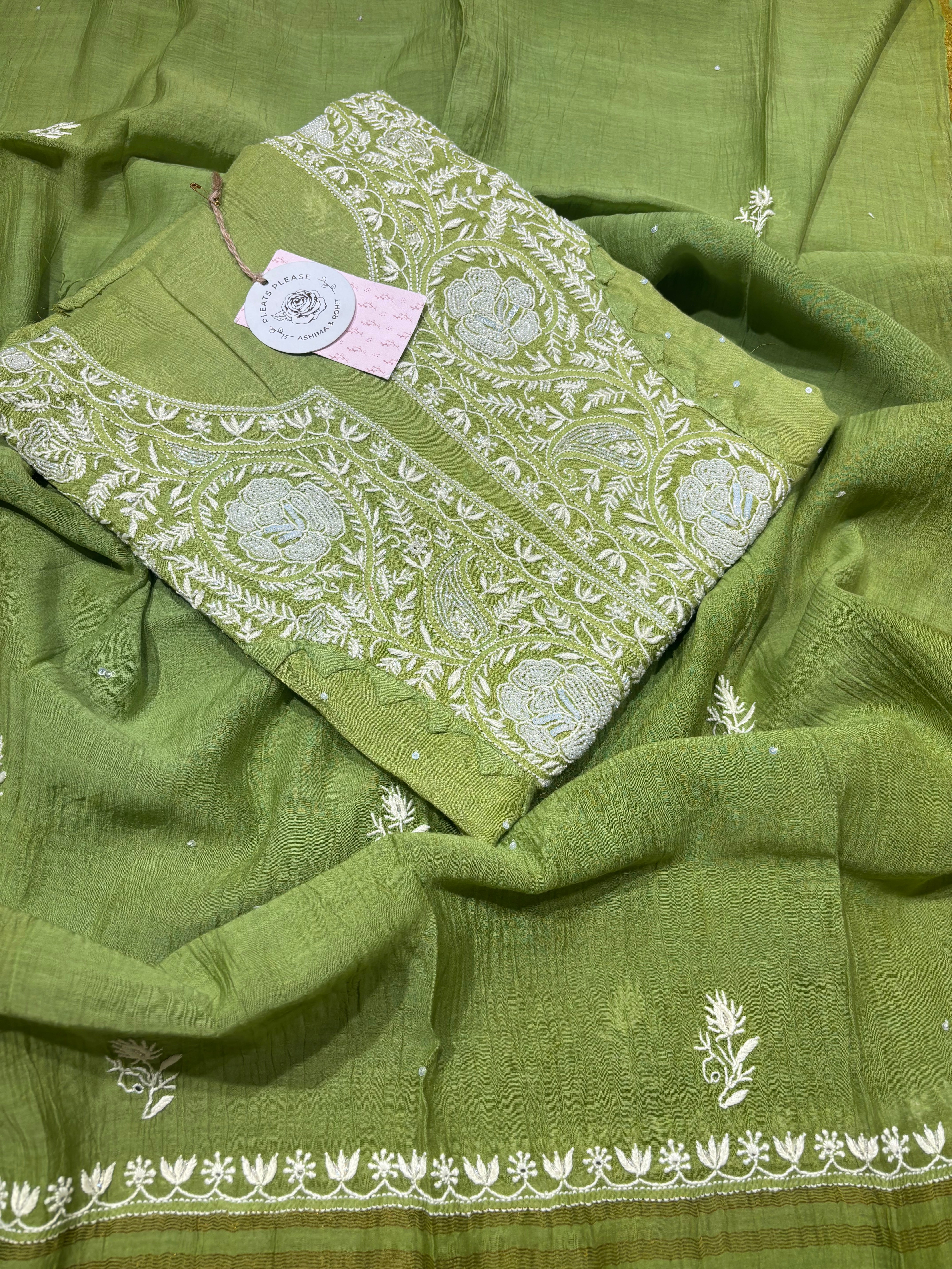 Green Chanderi Silk Chikankari Kurta And Dupatta Set